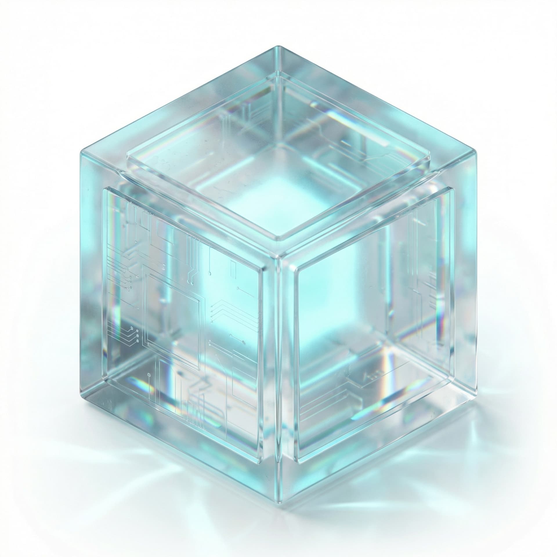Isometric icon of a floating data cube, holographic glass material, transparent tech layers, refraction of light, cyan glow, clean background.