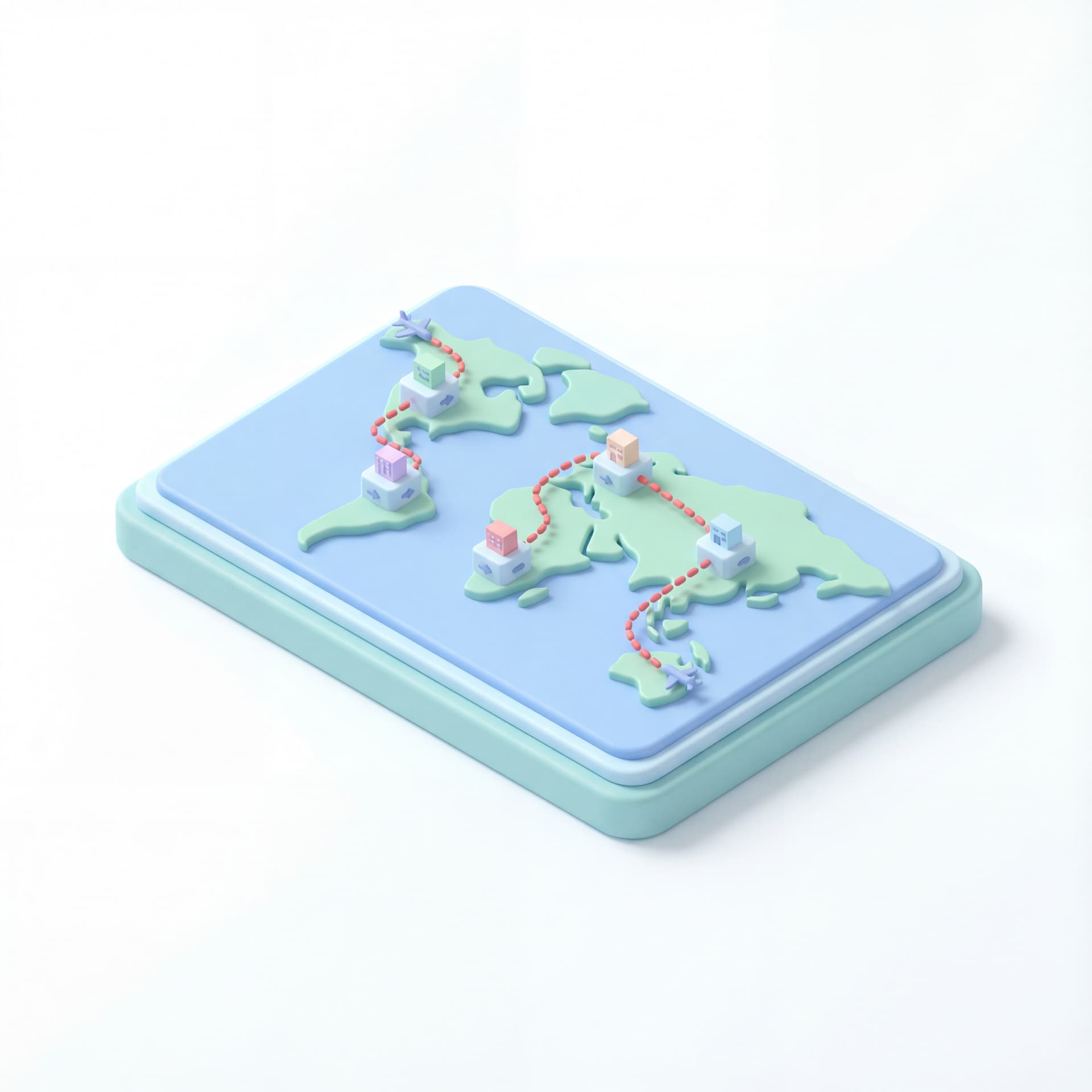 A 3D isometric map illustration showing a flight path. A red dotted line shows a long, zig-zag, complicated flight route with multiple stops labeled "Transit". In contrast, a clean background, minimalist style, soft lighting, pastel colors, high quality 3D render, travel concept