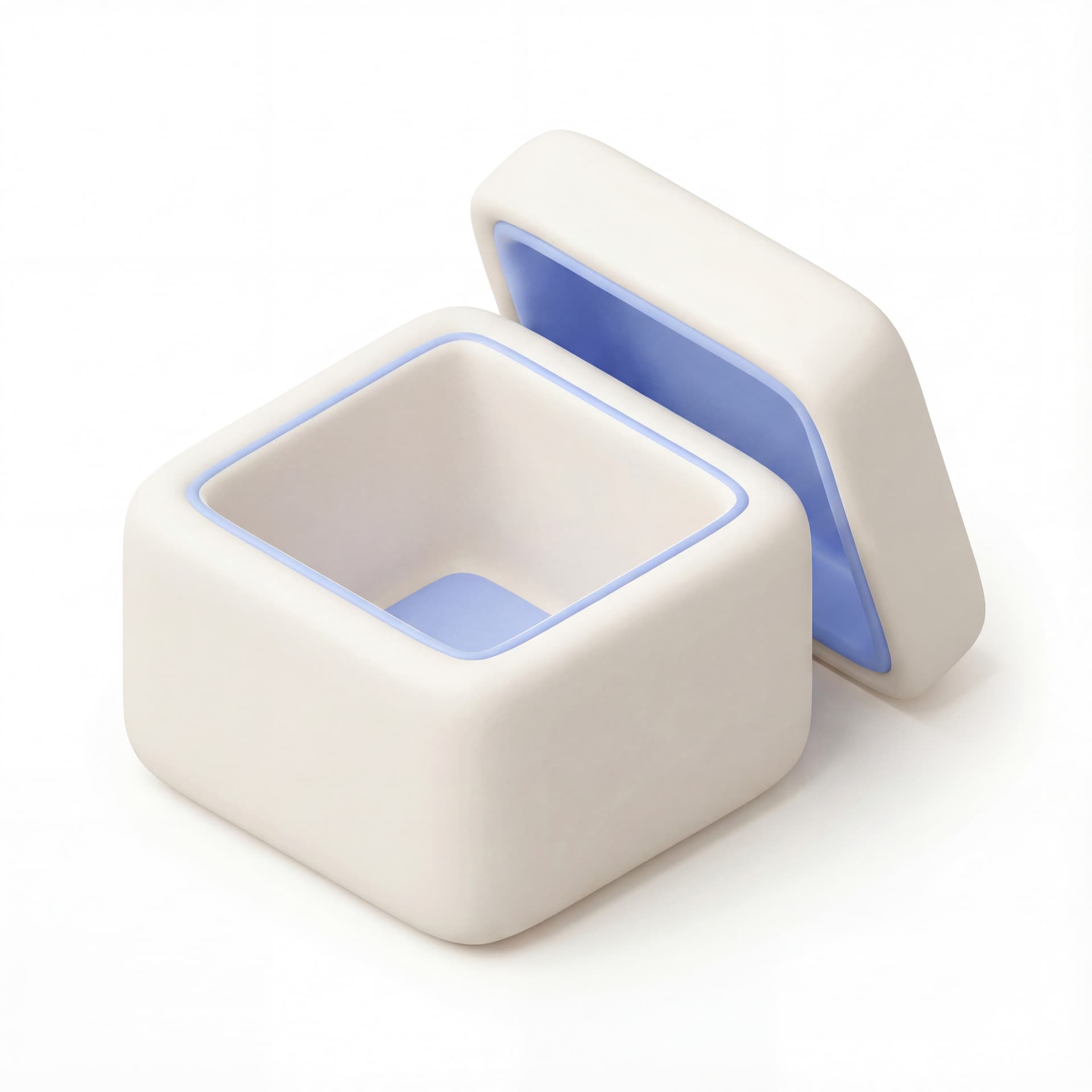Ikon logo Open Box dengan style Soft 3D Icon clay minimal tebal membulat detail rendah konsisten pencahayaan lembut bayangan kontak ringan dan warna neutral off-white dengan aksen biru lembut.