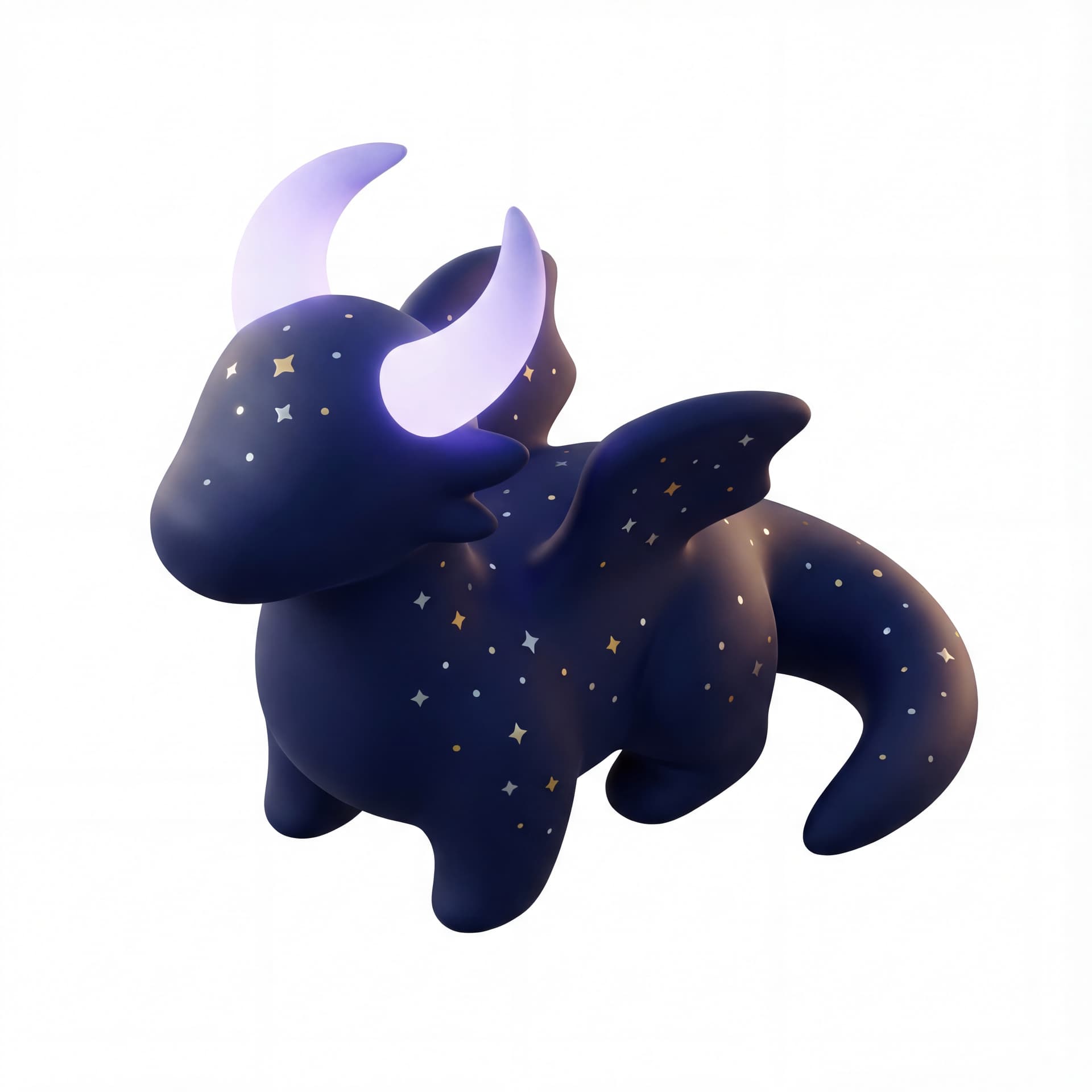 cosmic star dragon, dark navy body filled with tiny stars, crescent-shaped horns glowing pale violet.