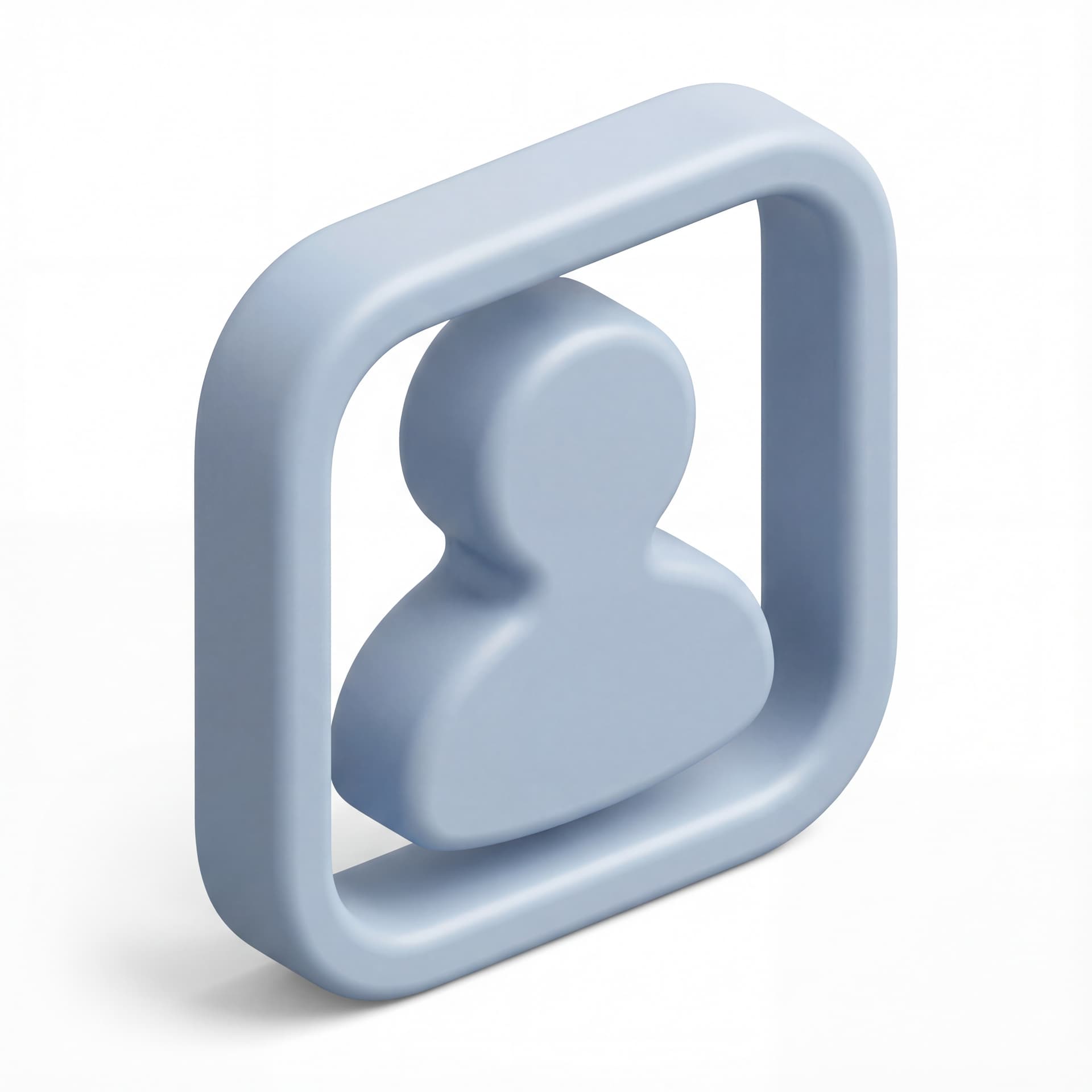A modern 3D icon of a user profile represented by a rounded human silhouette inside a soft rounded square frame, smooth geometry, subtle depth, clean edges, isolated icon.
