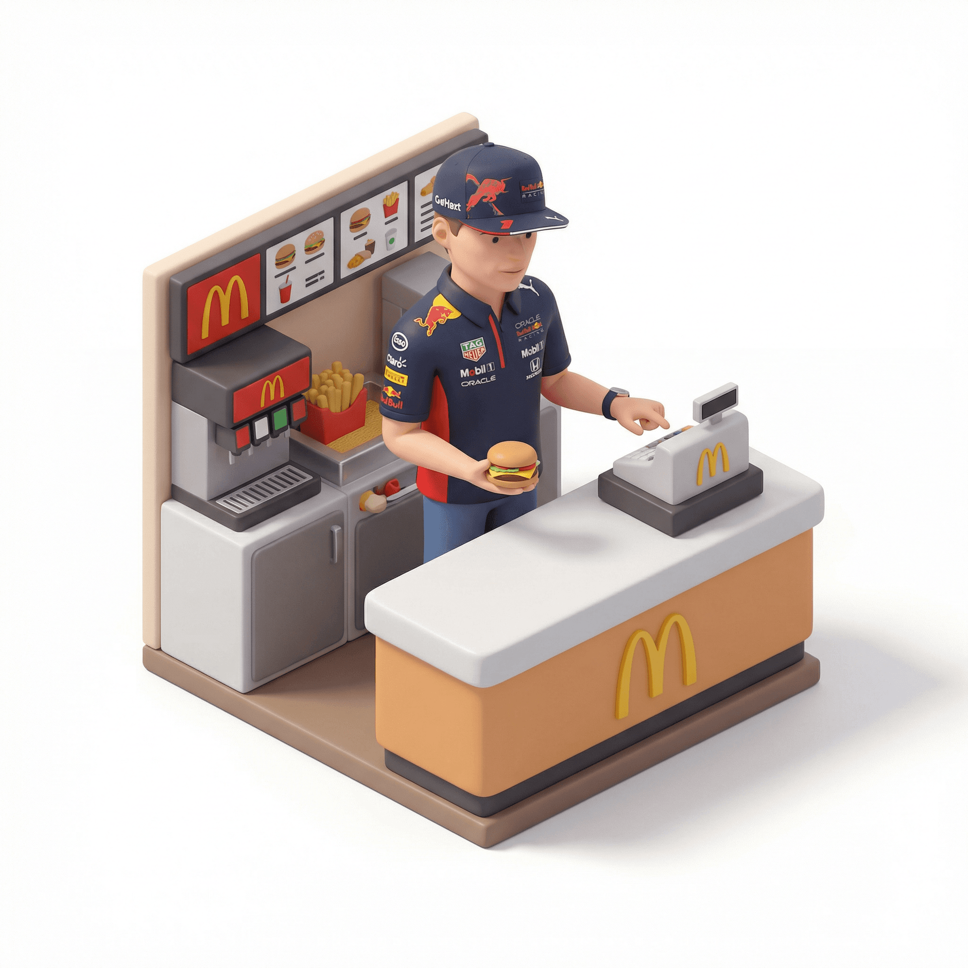 max Verstappen working at McDonald's with the Red Bull racing uniform