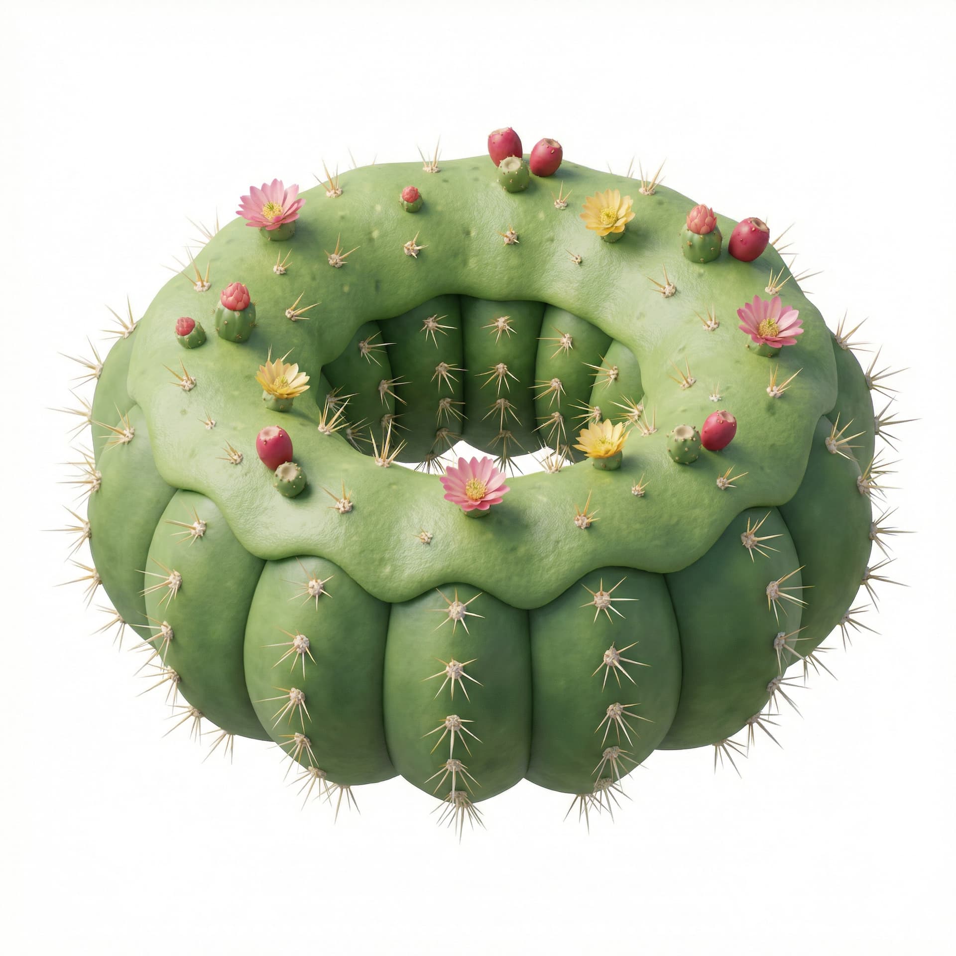 Donut made of cactus, green, sharp spikes, 3d render