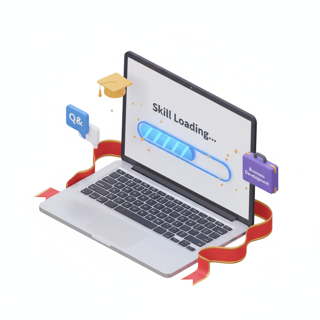 An isometric laptop with a “Skill Loading…” progress bar, surrounded by small floating icons for QA, Business Development, and Career. Subtle holiday elements like sparkles or ribbon accents.