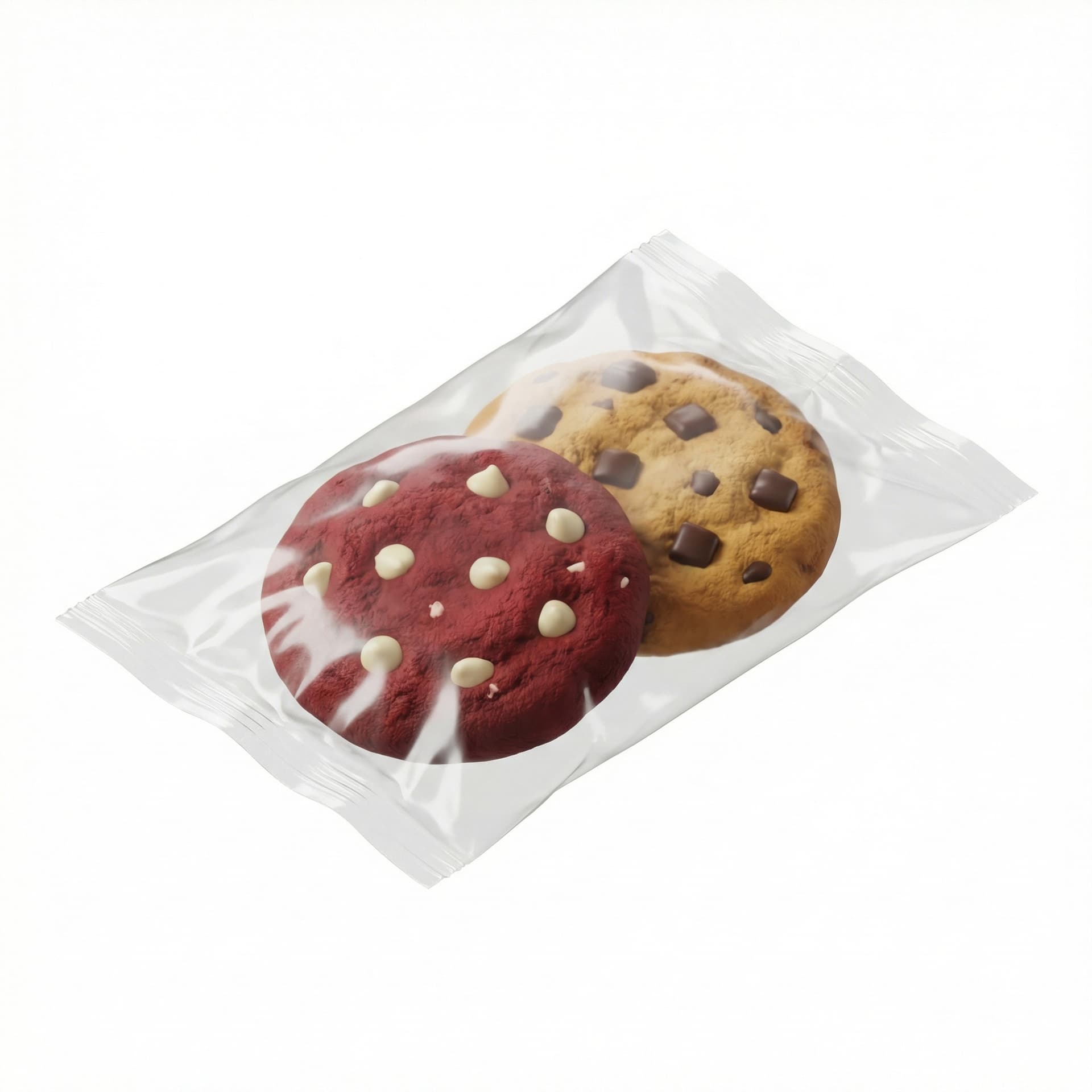 two cookies, one normal chocochip cookie and one red velvet white chip cookie inside a plastic wrap, 3d chibi style