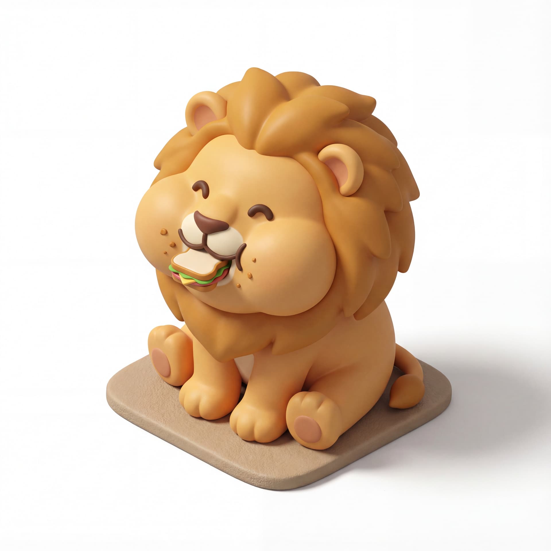 An isometric fat cute cartoon lion caught mid-bite with puffed cheeks, tiny crumbs on its mouth and a satisfied smile.