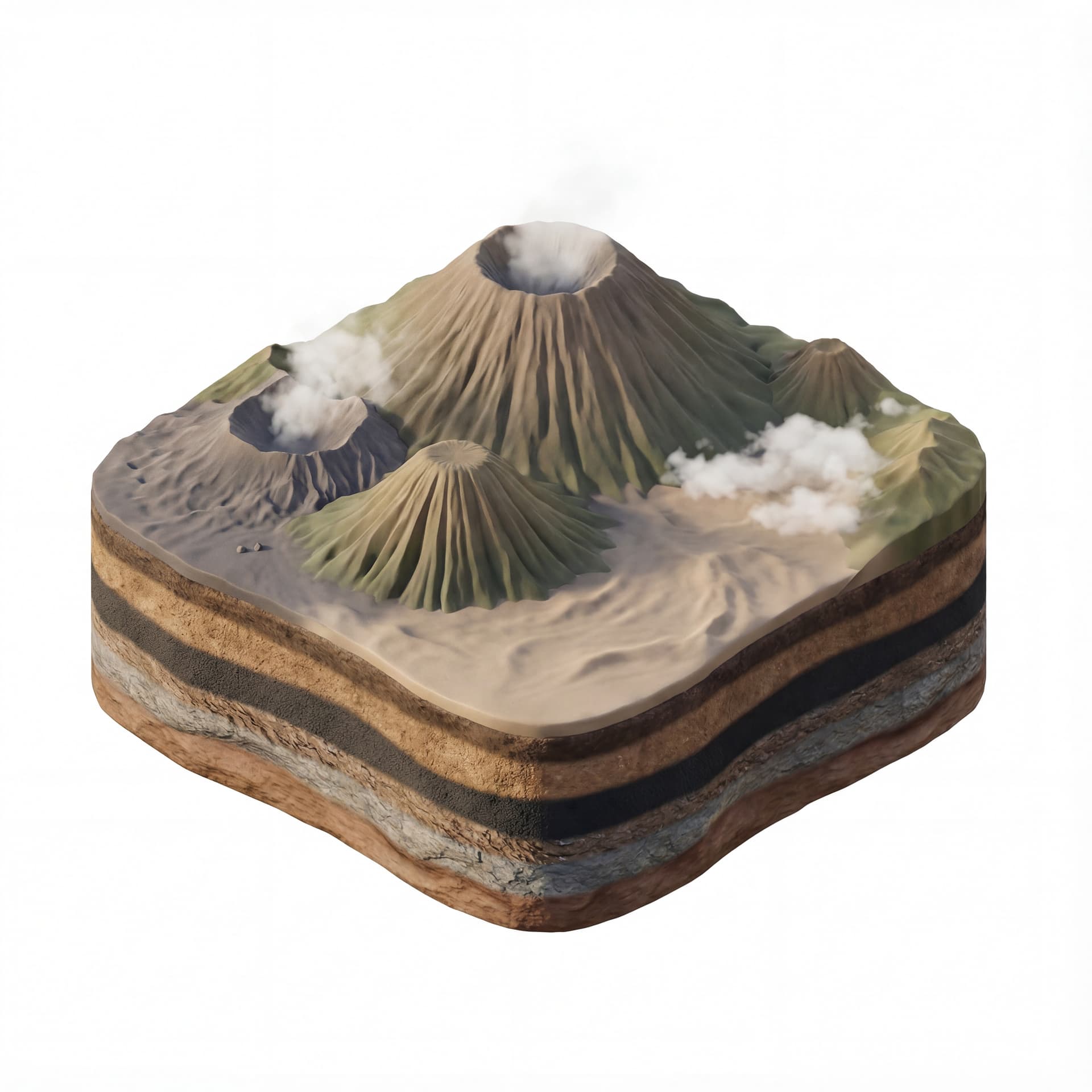 Mount Bromo with floating island base with layered soil + sand textures
