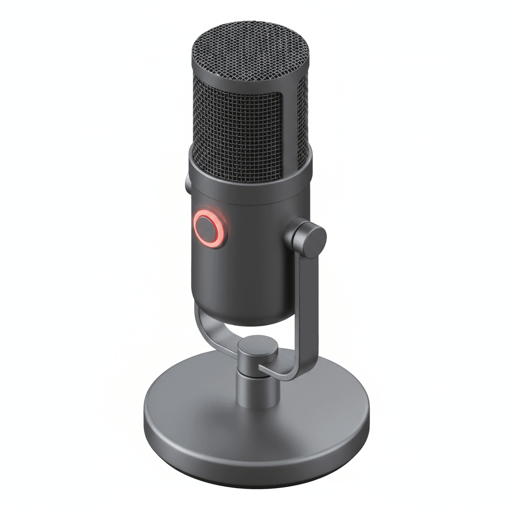 3d isometric icon of a tabletop podcast microphone with illuminated mute button, high-resolution textures, soft gradient background, controlled reflections, stylized minimal design with perfect isometric geometry
