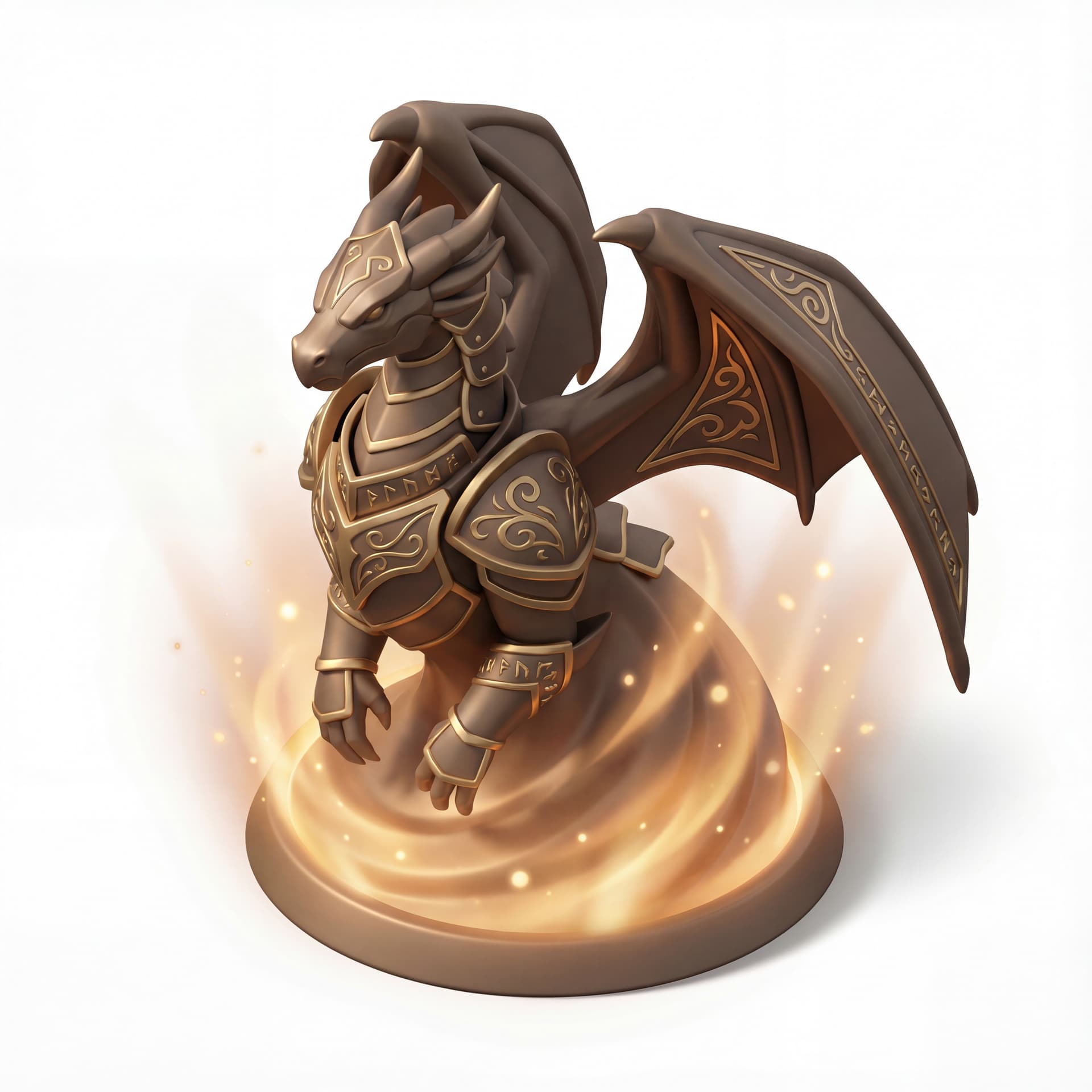 An isometric dragon with gold-engraved armor and orderly linework rising in a warm radiant field symbolizing authority.