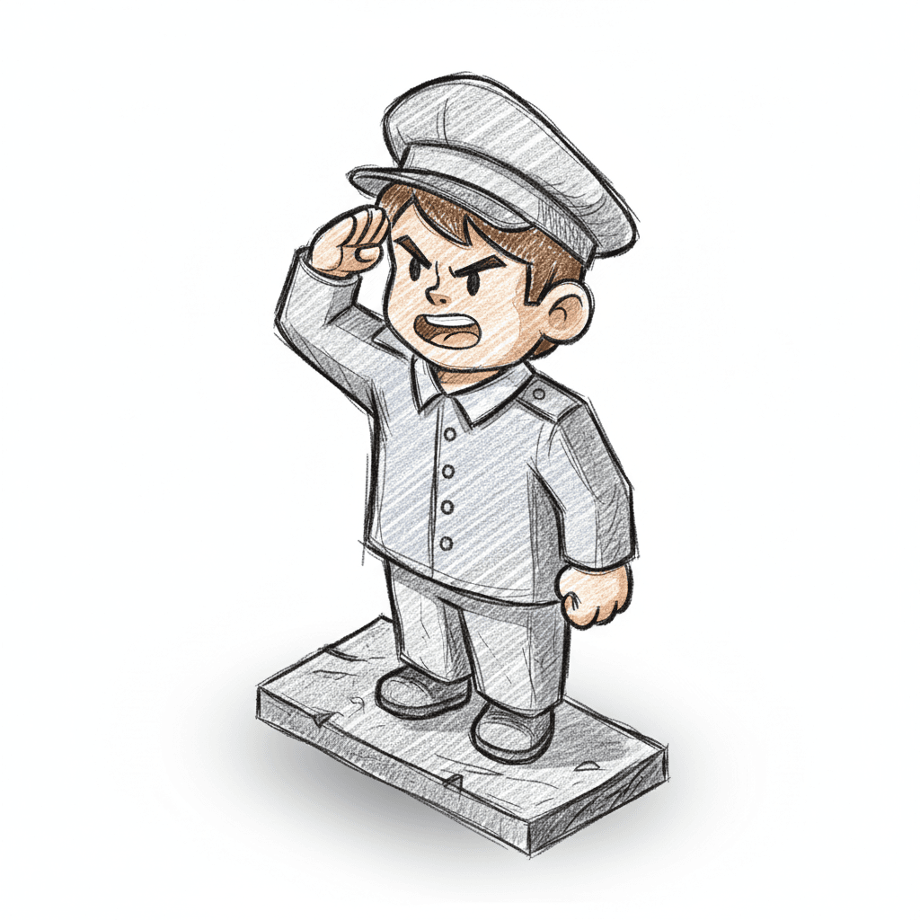 rough pencil-style isometric drawing of a boy saluting with fierce pride