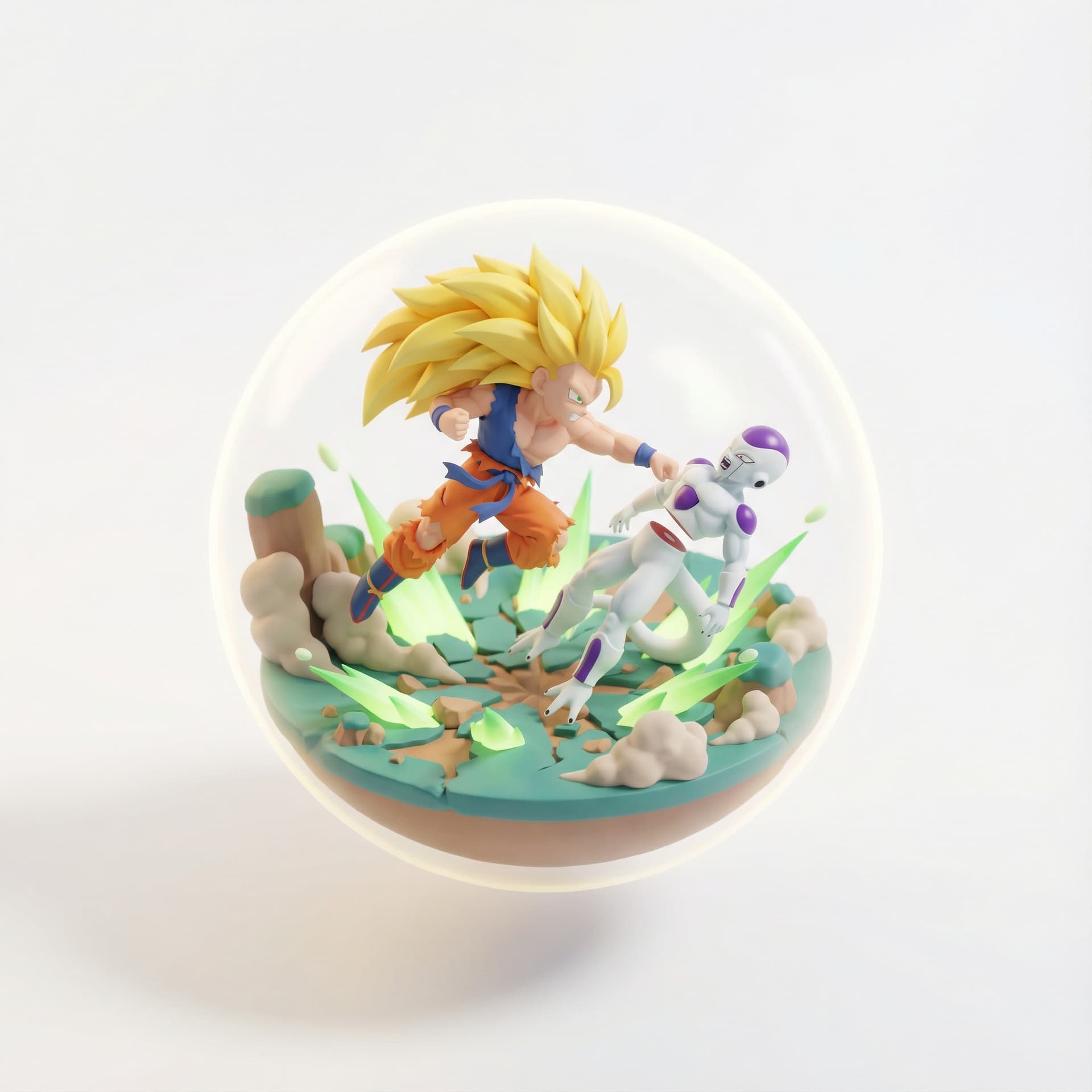 a suspended, adorable three-dimensional stylized vignette of Son Goku vs Freeza, higlighting its legendary signature moments. Amplify the mood through environmental effects and atmospheric conditions.