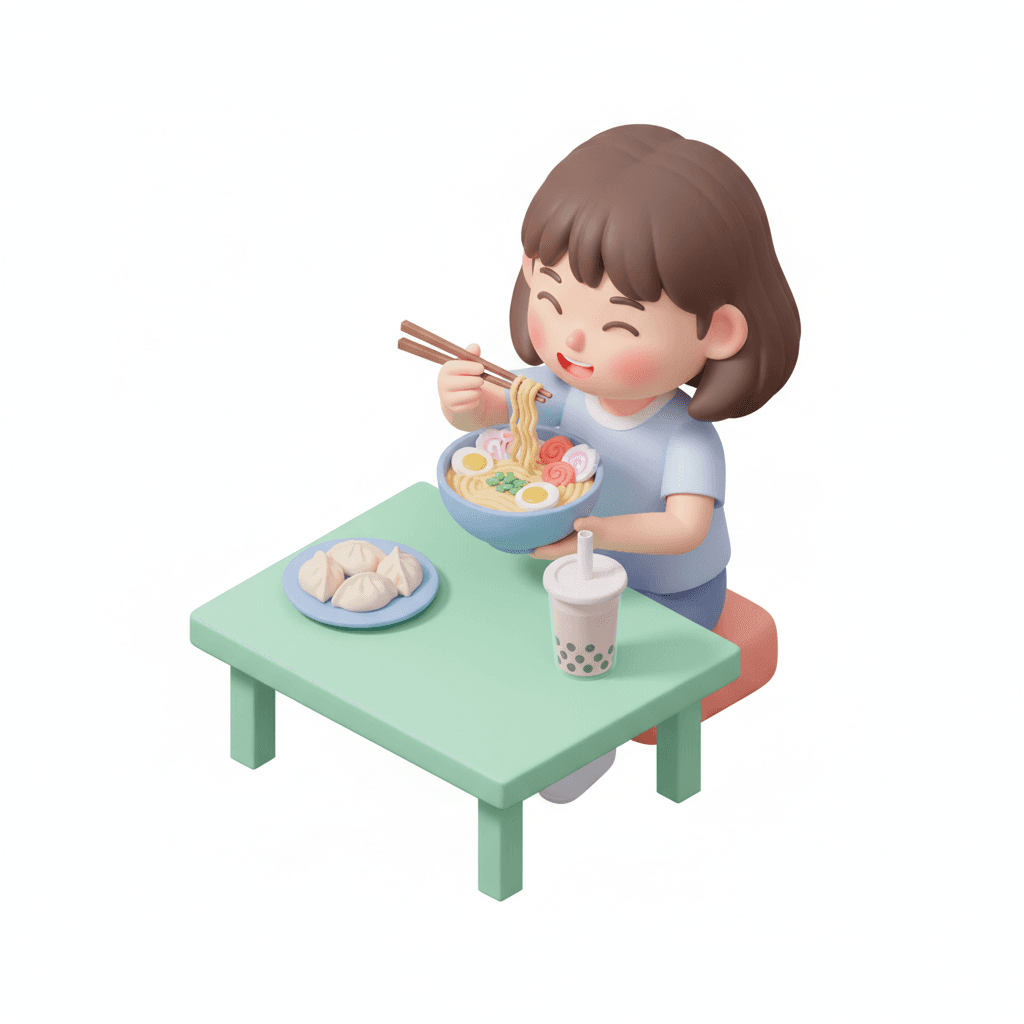 a flat pastel isometric icon of a smiling girl enjoying food with chopsticks