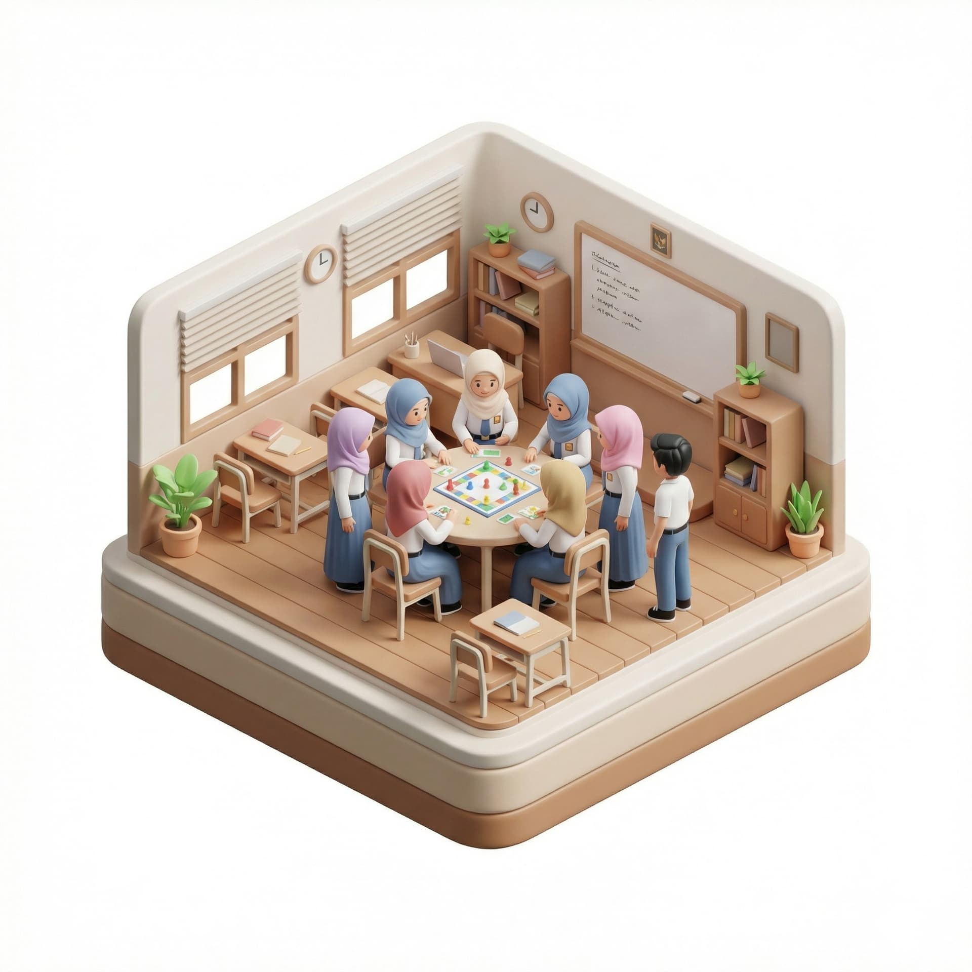 tema nya pertemanan smp kelas 8 yang tidak terlupakan. terdiri dari total 8 ORANG yang dimana 7 ORANG PEREMPUAN BERHIJAB dan 1 ORANG LAKI LAKI sedang bermain bersama sama di satu kelas