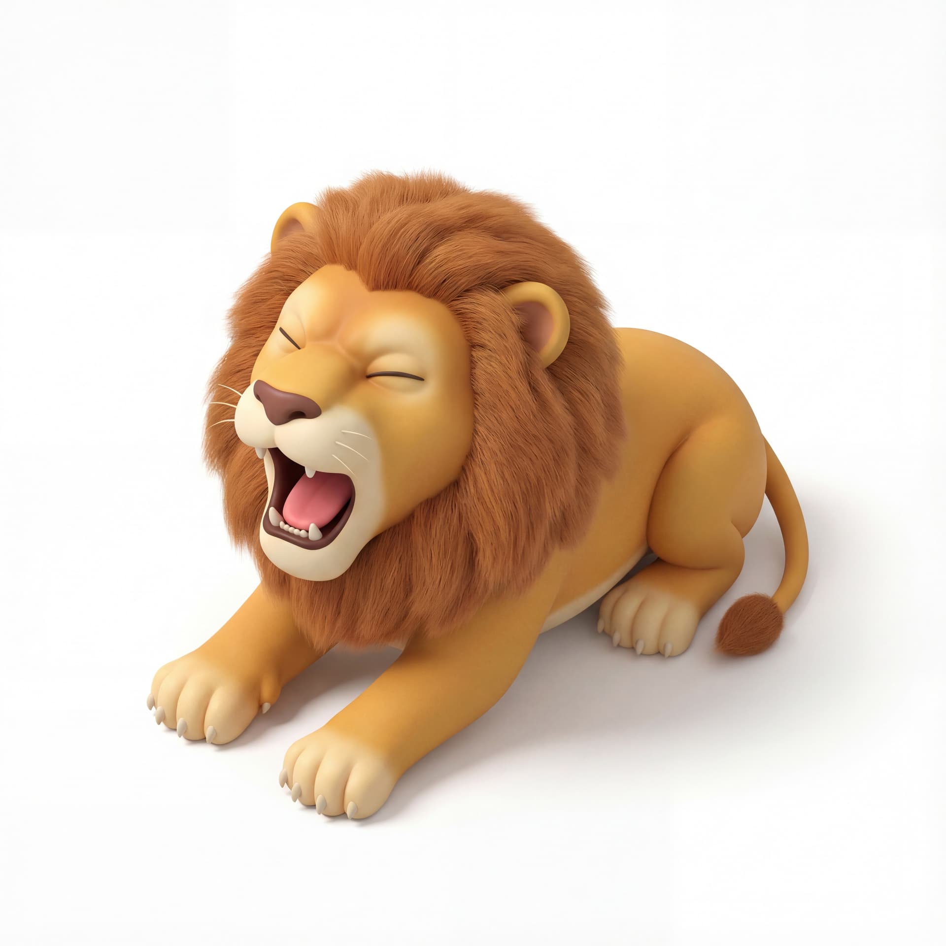 An isometric cute cartoon lion yawning widely, eyes squeezed shut with a gentle stretch of its front paws.