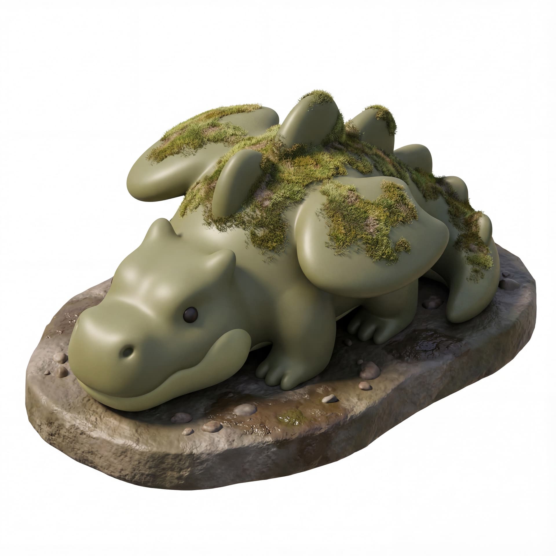 flat swamp dragon with moss-covered back plates, muted olive coloring, and big rounded snout resting on a muddy stone base.