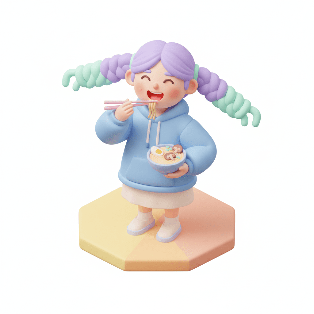 a pastel color isometric illustration of a happy girl holding chopsticks near her mouth