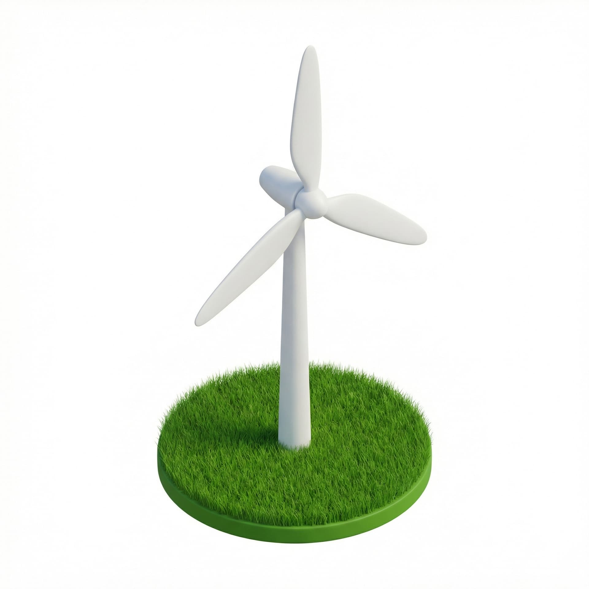 Isometric icon of a wind turbine, eco energy concept, matte white material, clean green grass base, simple and modern design.