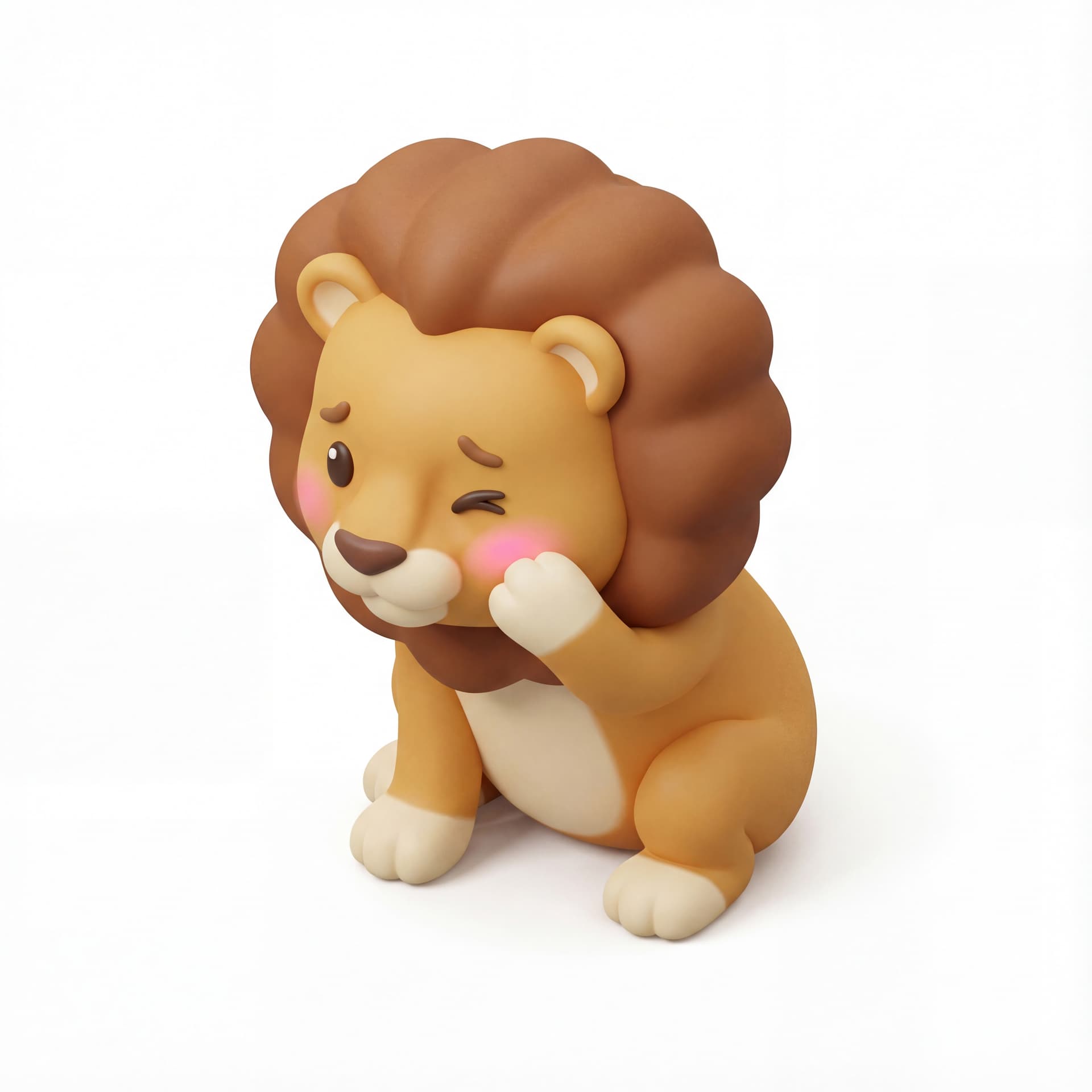 An isometric cute cartoon lion rubbing its face with one paw, blinking shyly with a small blush effect.