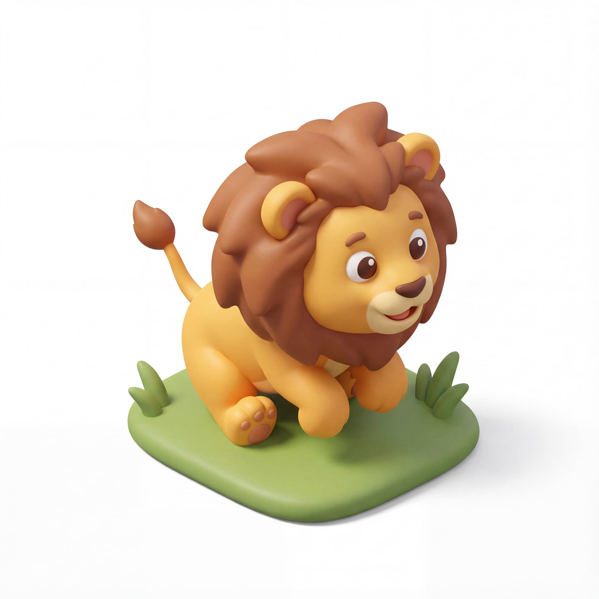 An isometric cute cartoon lion doing a small hop and landing softly, mane bobbing with squash-and-stretch motion.