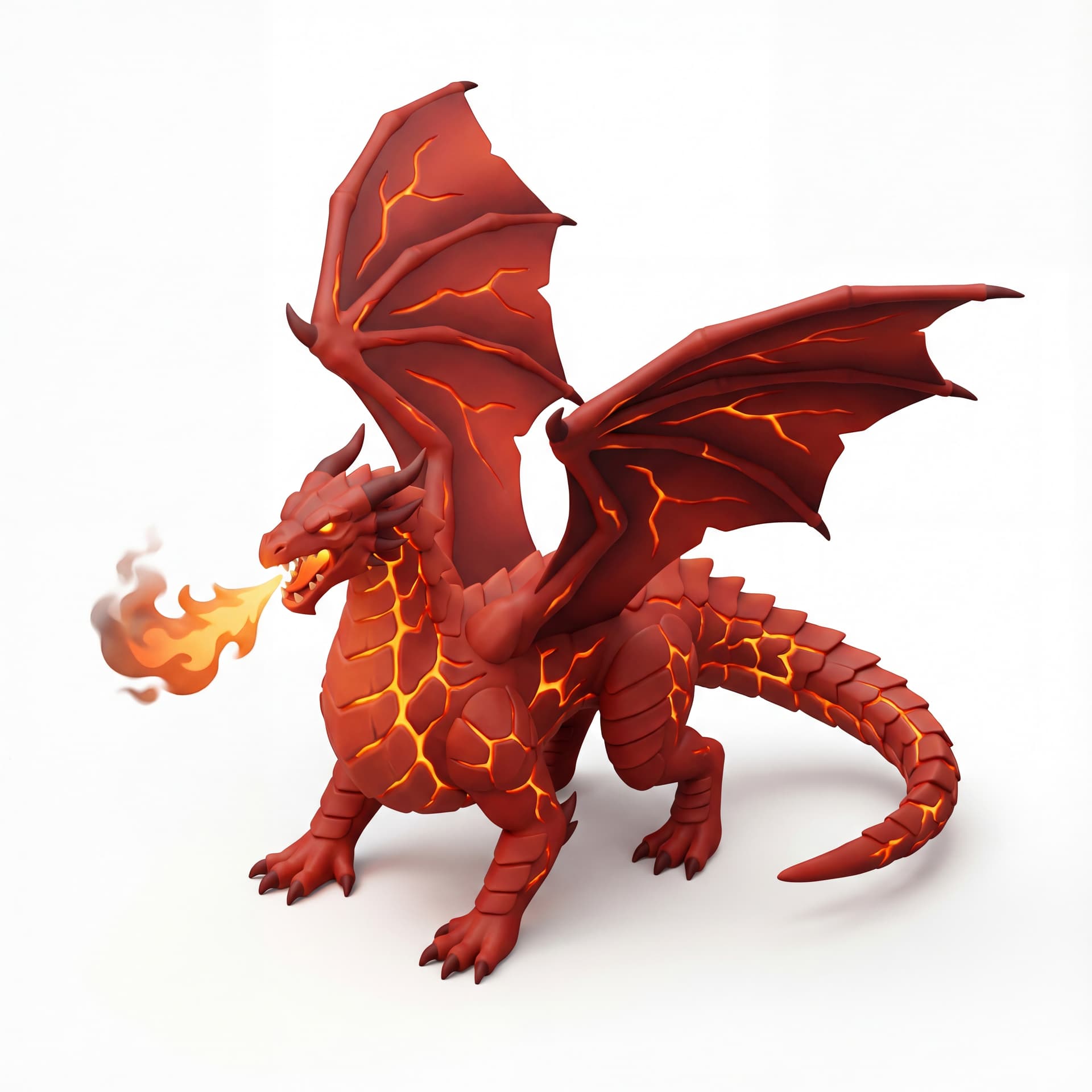 A 3D isometric fire-breathing dragon with molten cracks along its red armor-like scales, wings open in a powerful stance.