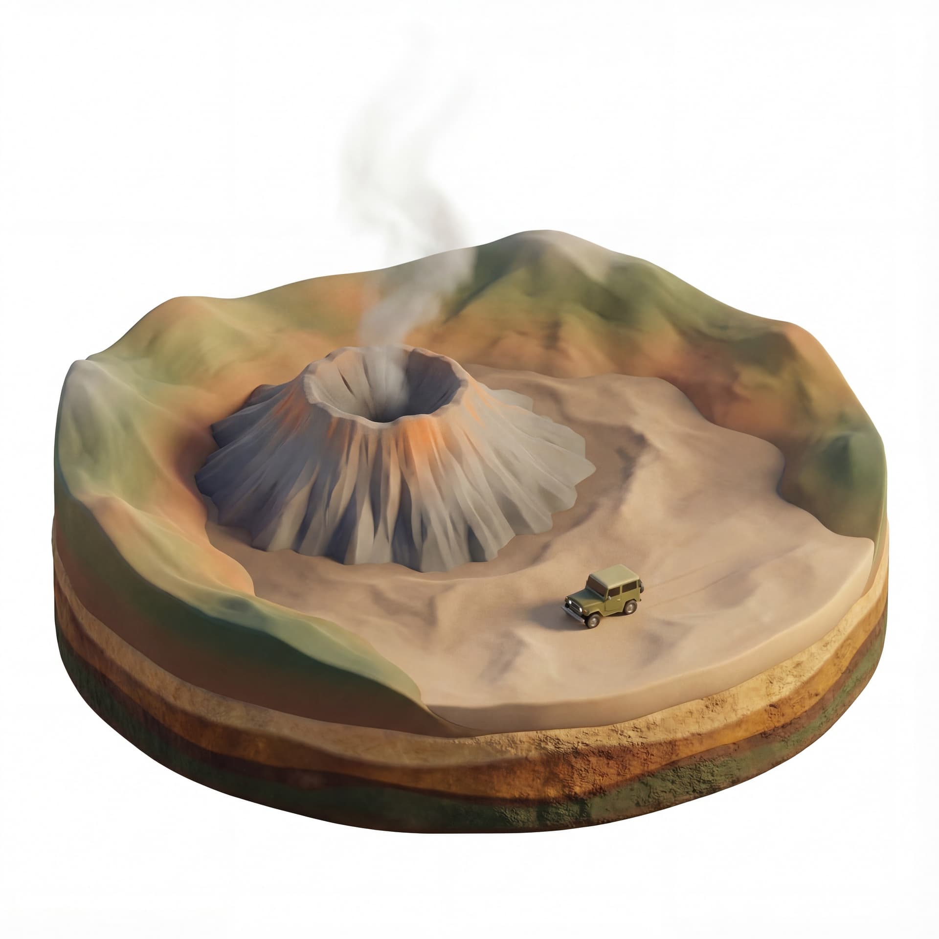 isometric 3D diorama of Mount Bromo, stylized clean 3D, vibrant soft colors, Pixar-like shading, smooth gradients, gentle rim light, detailed volcanic crater, circular caldera, sea of sand, low hills around the crater, thin smoke rising from the cone, small jeep hardtop on the sand for scale, floating island base with layered soil + sand textures, scattered rocks, soft ambient sunlight, global illumination, isometric angle 30°/30°, no photorealism, clean miniature aesthetic.