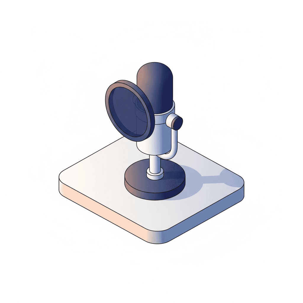 isometric vector illustration of a detailed podcast microphone standing on a desk, clean geometric lines, smooth gradients, modern tech aesthetic, soft ambient lighting, balanced composition with clear copy space, professional microstock style, crisp edges and vibrant but controlled color palette
