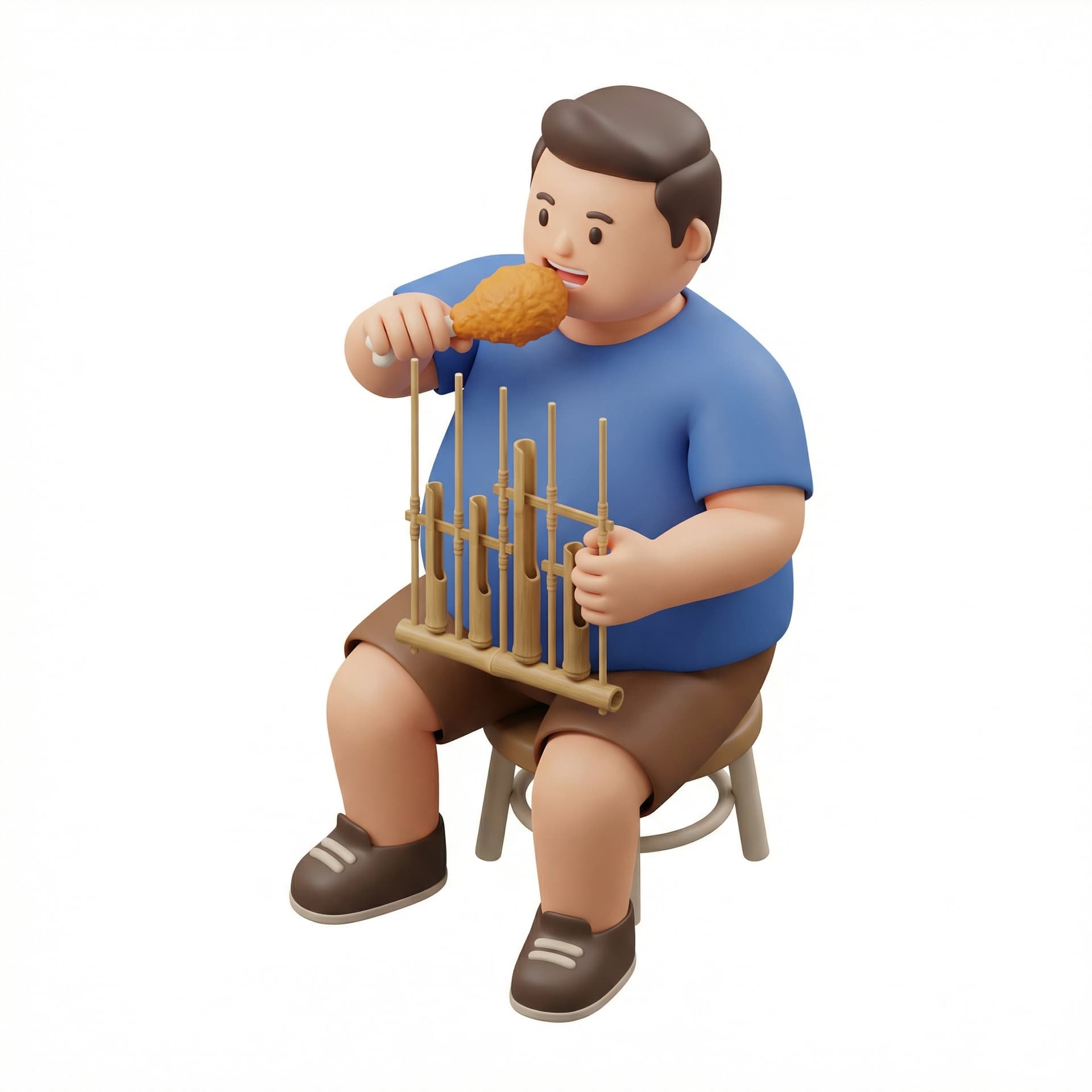 Make fat guy holding an angklung and eat fried chicken