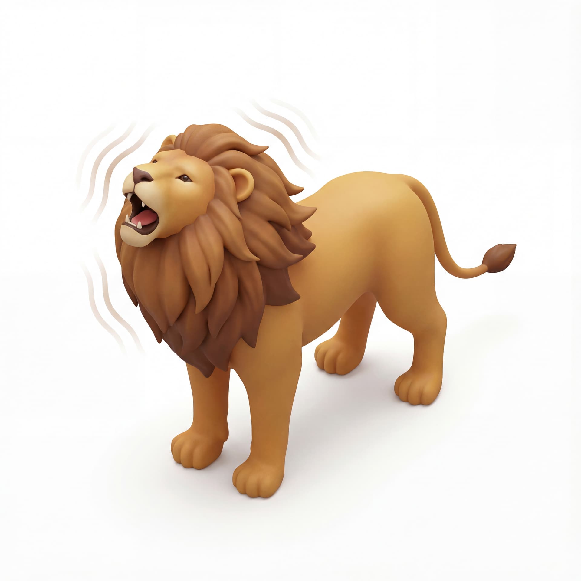 An isometric normal lion roaring upward, mane slightly lifted by wind with faint vibration lines in the surrounding air.