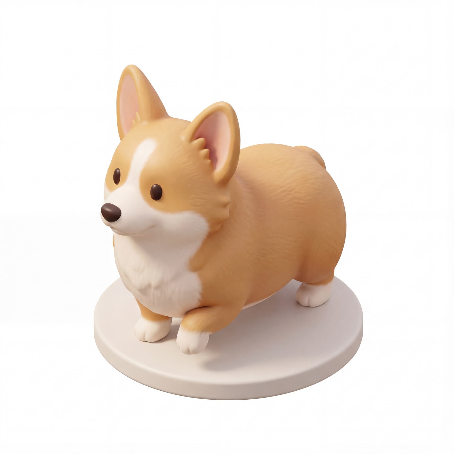 Ikon 3D anjing corgi gaya lucu chibi berdiri siap jalan dengan telinga tegak pencahayaan studio lembut latar belakang putih