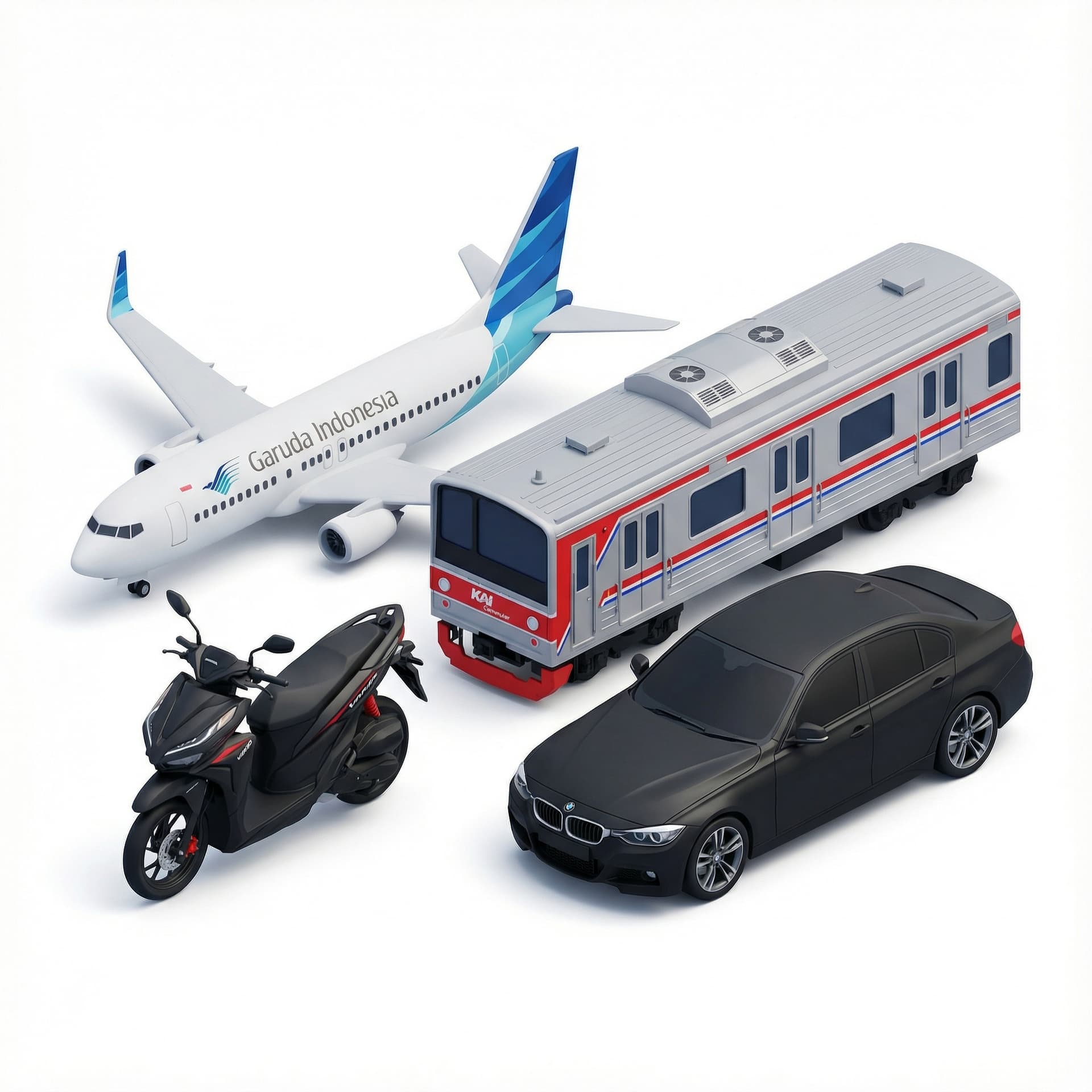 gabungan gambar dari krl indo, pesawat garuda, motor matik vario 160 hitam dan mobil bmw hitam yang tersusun rapi