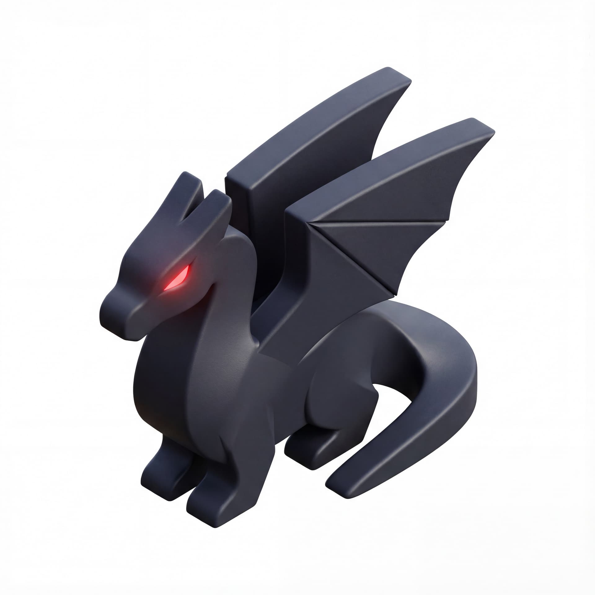 shadow dragon with matte charcoal body, sharp angular wing shapes, and glowing red slit eyes.