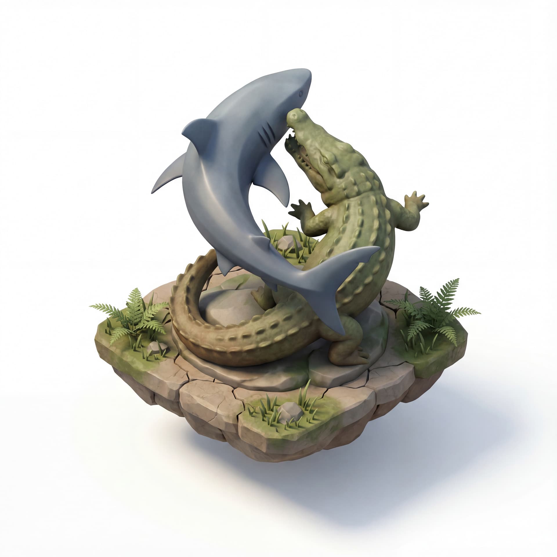 Suro & Boyo statue, dynamic intertwined shark and crocodile silhouettes, floating island