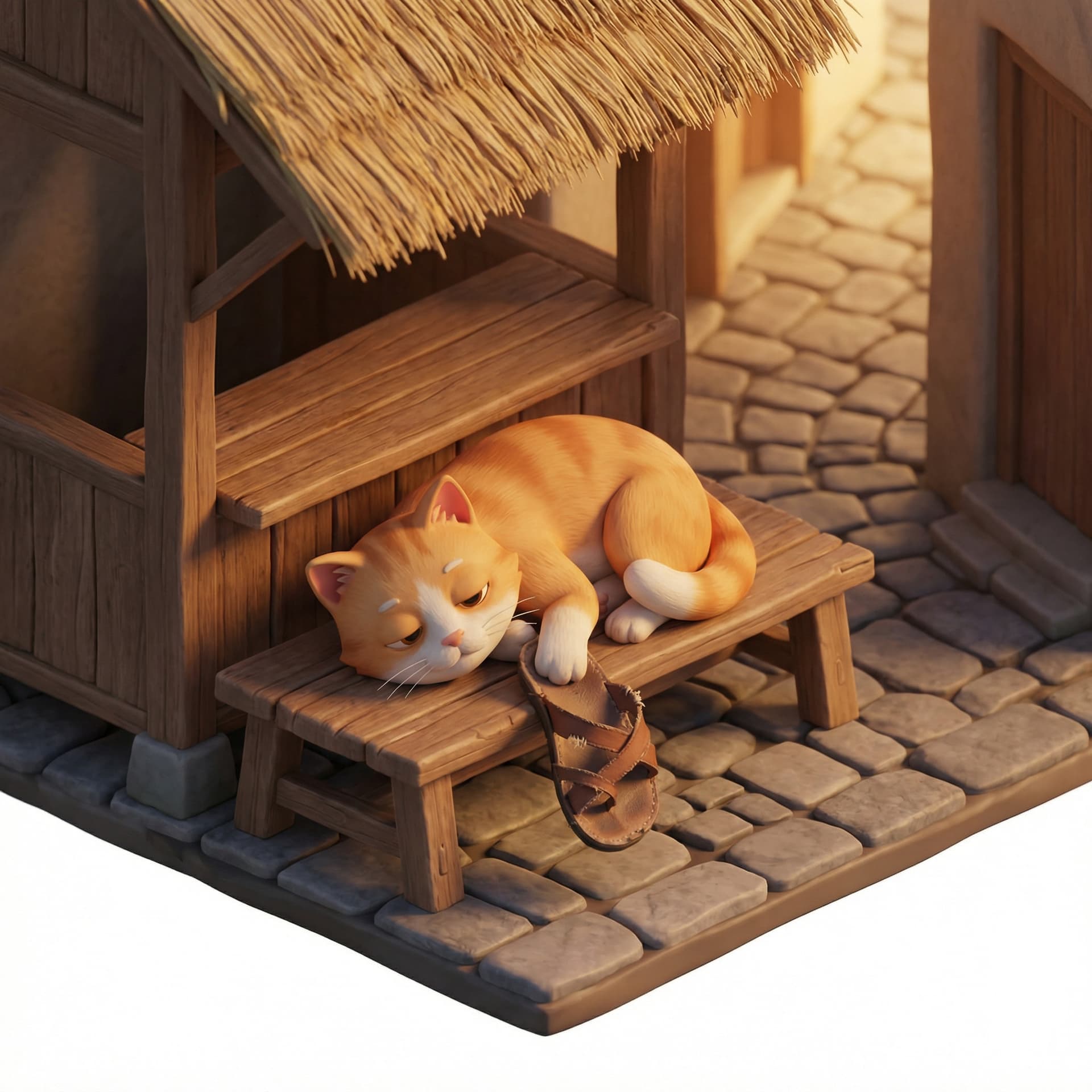 A street cat in 3D cartoon style, sitting on a warung bench, wearing a broken sandal, with orange and white fur, showing a sleepy face, in a village alley with warm sunset light.