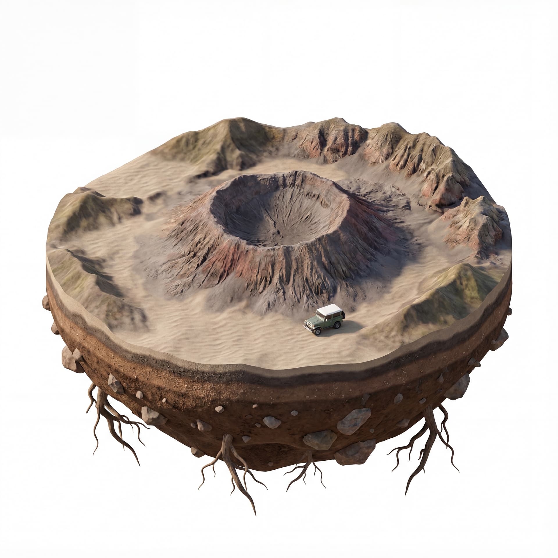 Mount Bromo, a detailed volcanic crater, a sea of sand, low hills surrounding the crater, no thin smoke rising from the crater peak, a small jeep with a hard roof on the sand for scale, the base of a floating island with layered soil texture + sand, scattered rocks and roots extending downward.