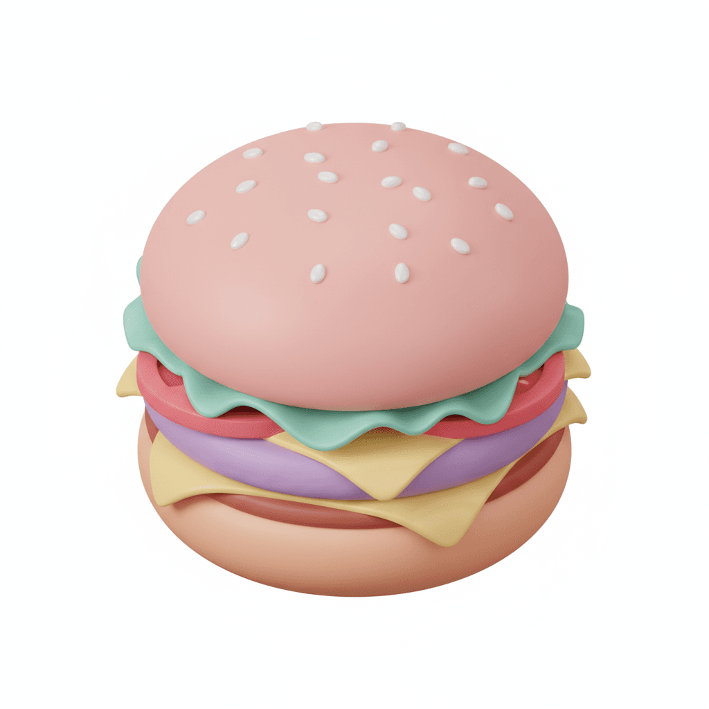isometric pastel icon of an adorable burger with sesame bun
