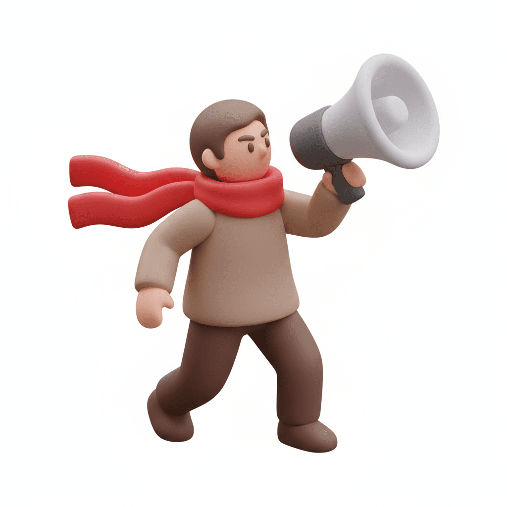 rounded claymorphic icon of a young protestor with megaphone and red scarf