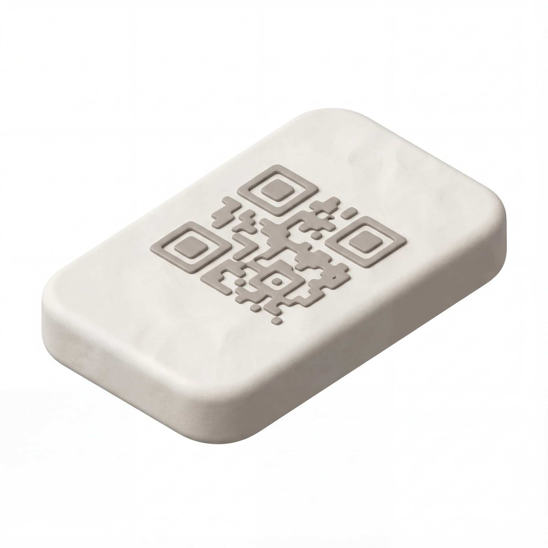 Barcode or QR label card dengan style 3D clay ultra matte kartu rounded dengan blok QR disederhanakan tanpa teks shading lembut dan kontras rendah