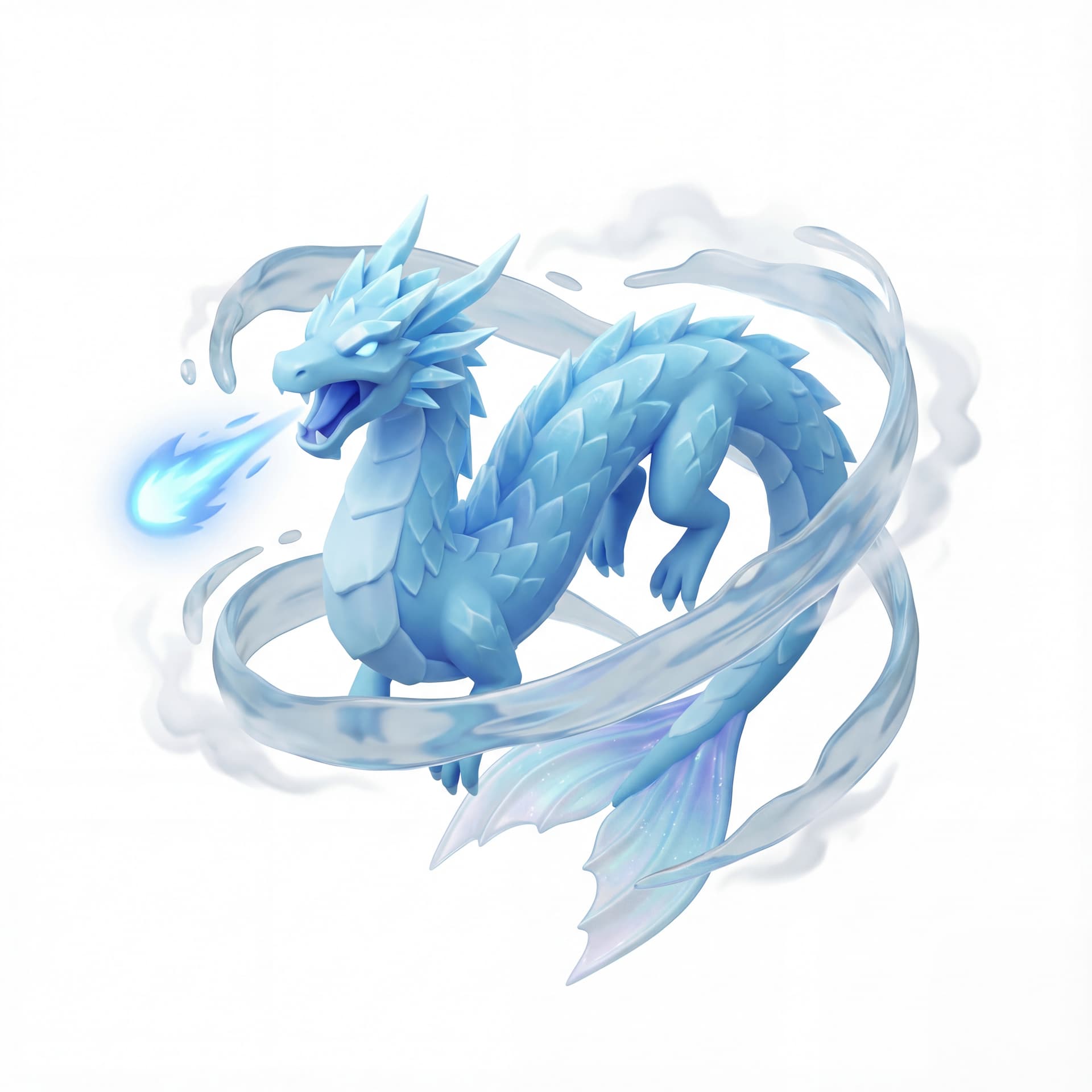 An isometric water dragon with icy blue scales and semi-transparent tail fins roaring sideways while releasing a beam, enclosed by whirling water ribbons and drifting mist vapor