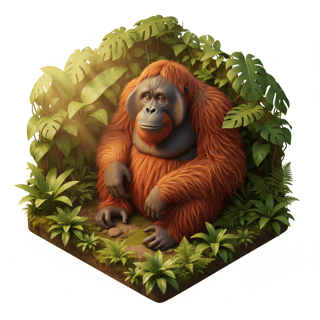 Ultra-realistic 3D orangutan in a lush tropical rainforest, detailed fur, warm orange lighting, soft volumetric sunlight passing through leaves, the orangutan gently looking toward the camera, cinematic depth of field, 8K render, highly detailed textures