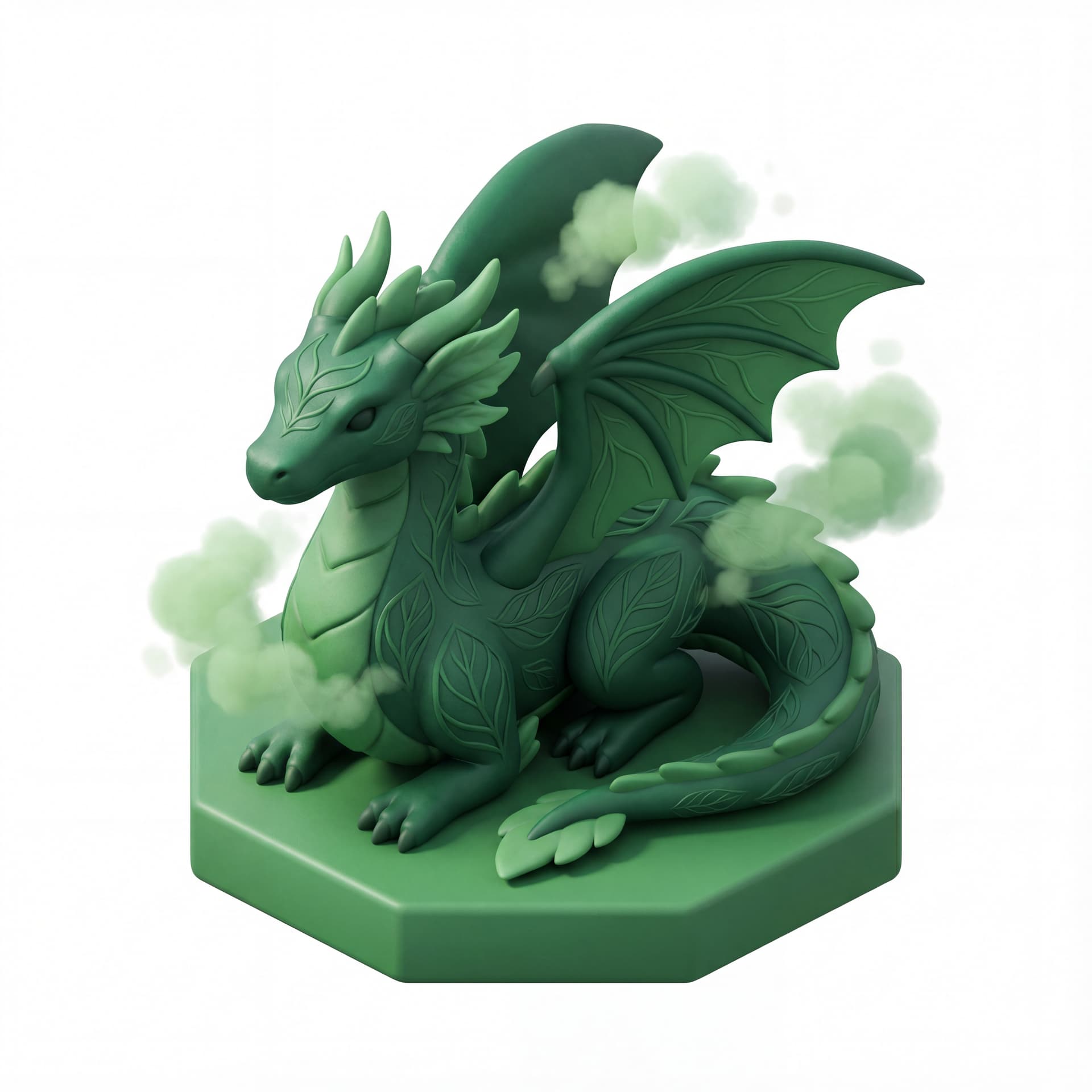 An isometric dragon with deep emerald scales, leaf-vein patterns, and soft green pollen clouds floating around it.
