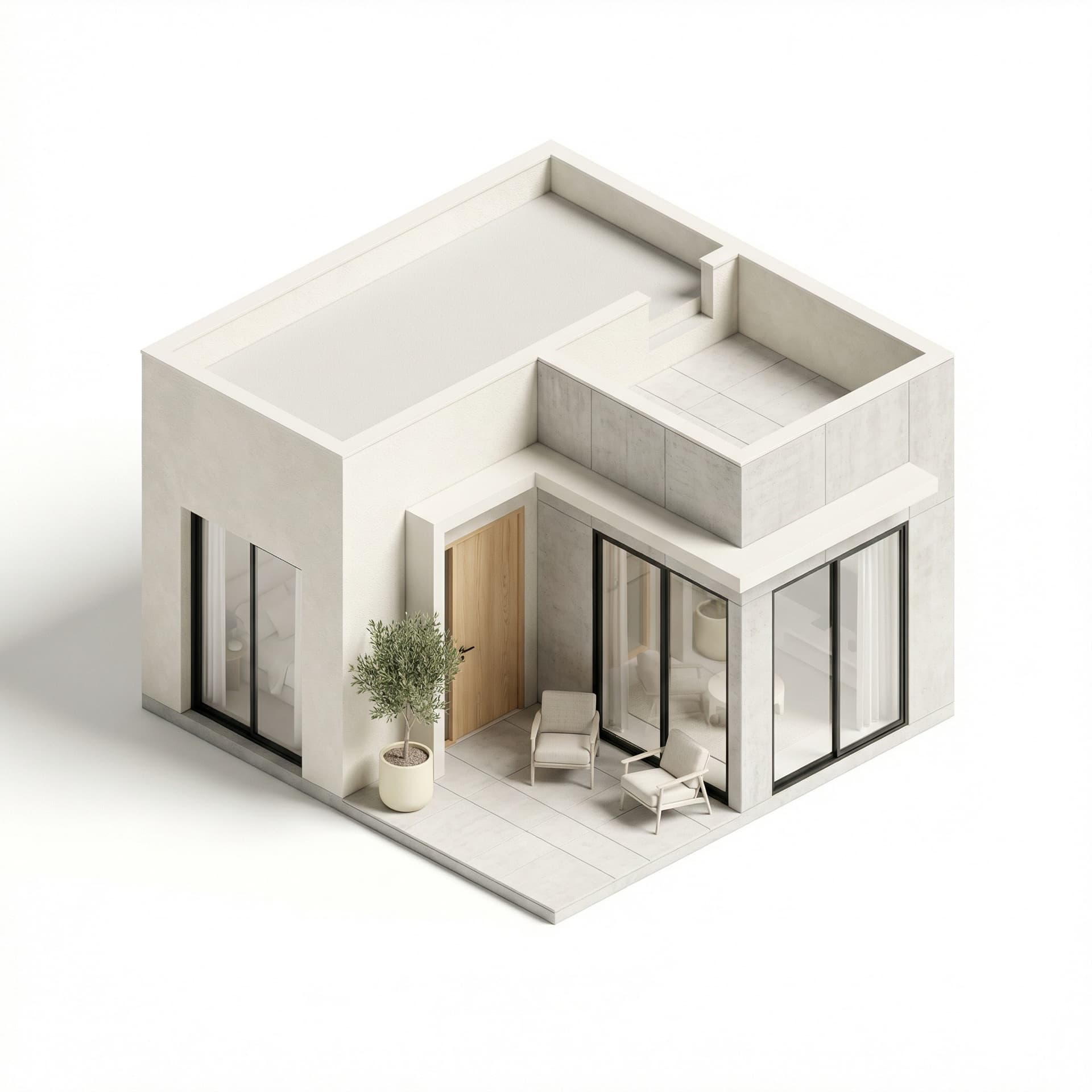 a modest modern house, with lot of details and texture. Only on neutral and white colors