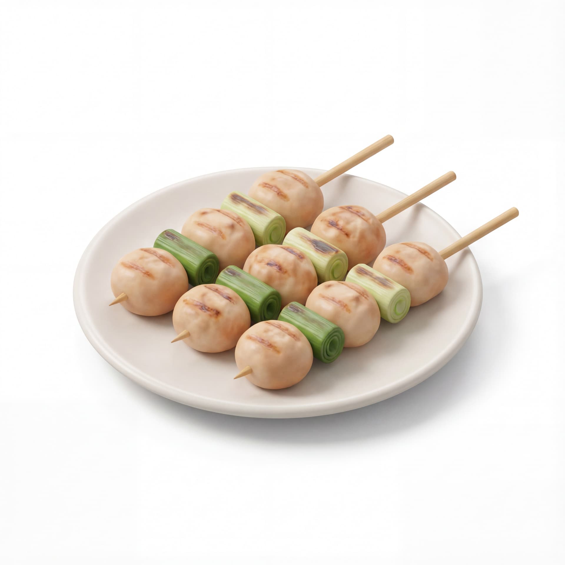 A cartoon yakitori skewers laid across a plate, rounded meat pieces, light grill marks, clean proportions.