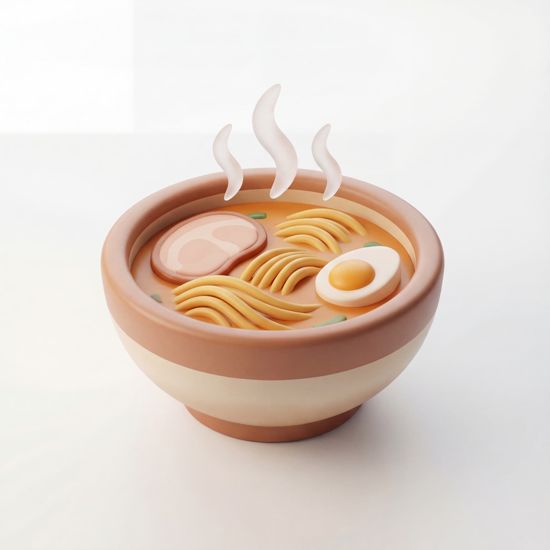 A cartoon bowl of ramen with curved noodles, simplified broth surface, gentle steam curls, and a rounded bowl shape.