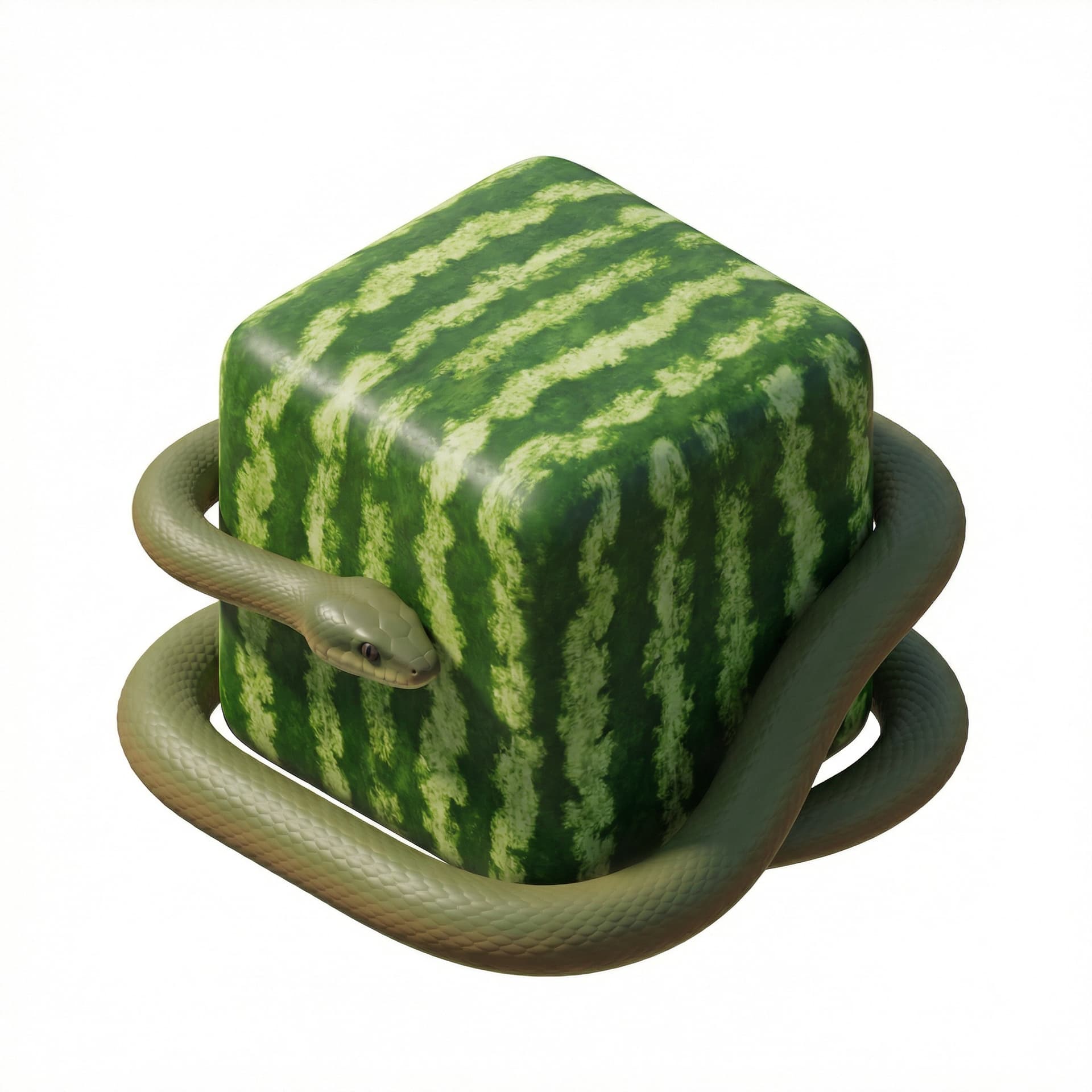 A square watermelon surrounded by a snake