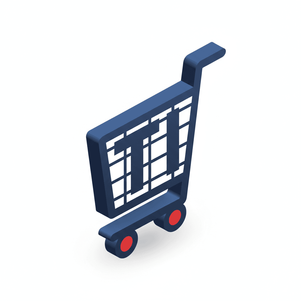 "TI" (Toko Imanuel) integrated into a shopping cart silhouette. The vertical bar of 'I' forms the cart's body; 'T' is the handle. Two wheels below 'I'. Clean, modern geometric shape. Color scheme: Mainly dark blue (#202A56) for the icon, with red (#E8333D) as an accent or background element. Output as .png.