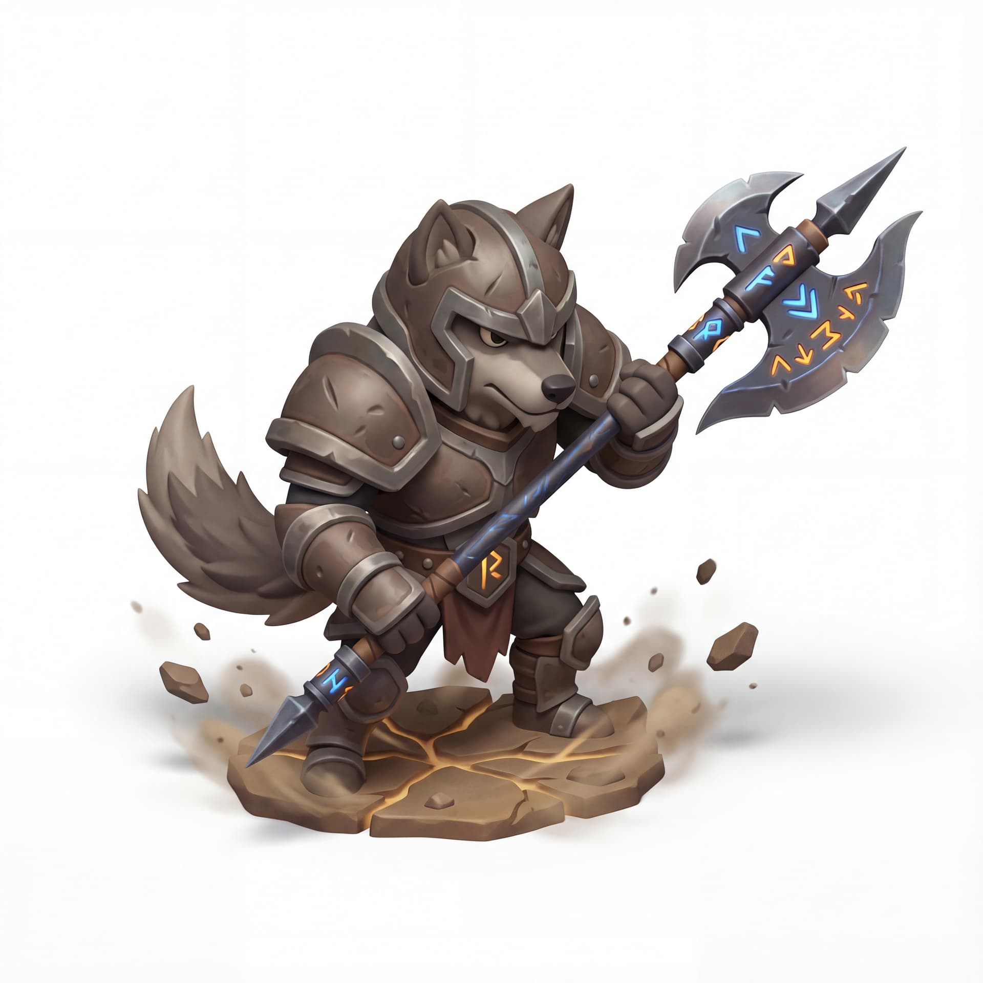 A 3D chibi wolf warrior wielding a massive halberd, heavy polearm embedded with glowing runic patterns, earth aura lifting small rocks around the feet, bulky chibi armor, isolated character.