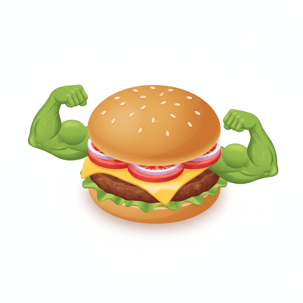 isometric cartoon icon of a cheeseburger flexing its lettuce arms