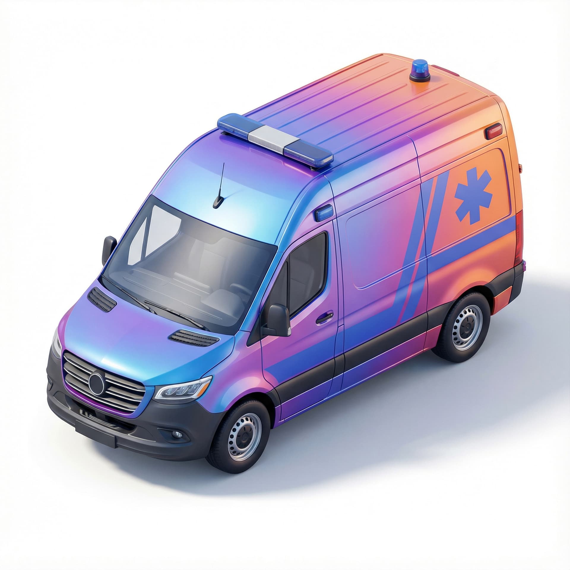 ambulance car with glossy vinyl and gradient vibrant color palette 