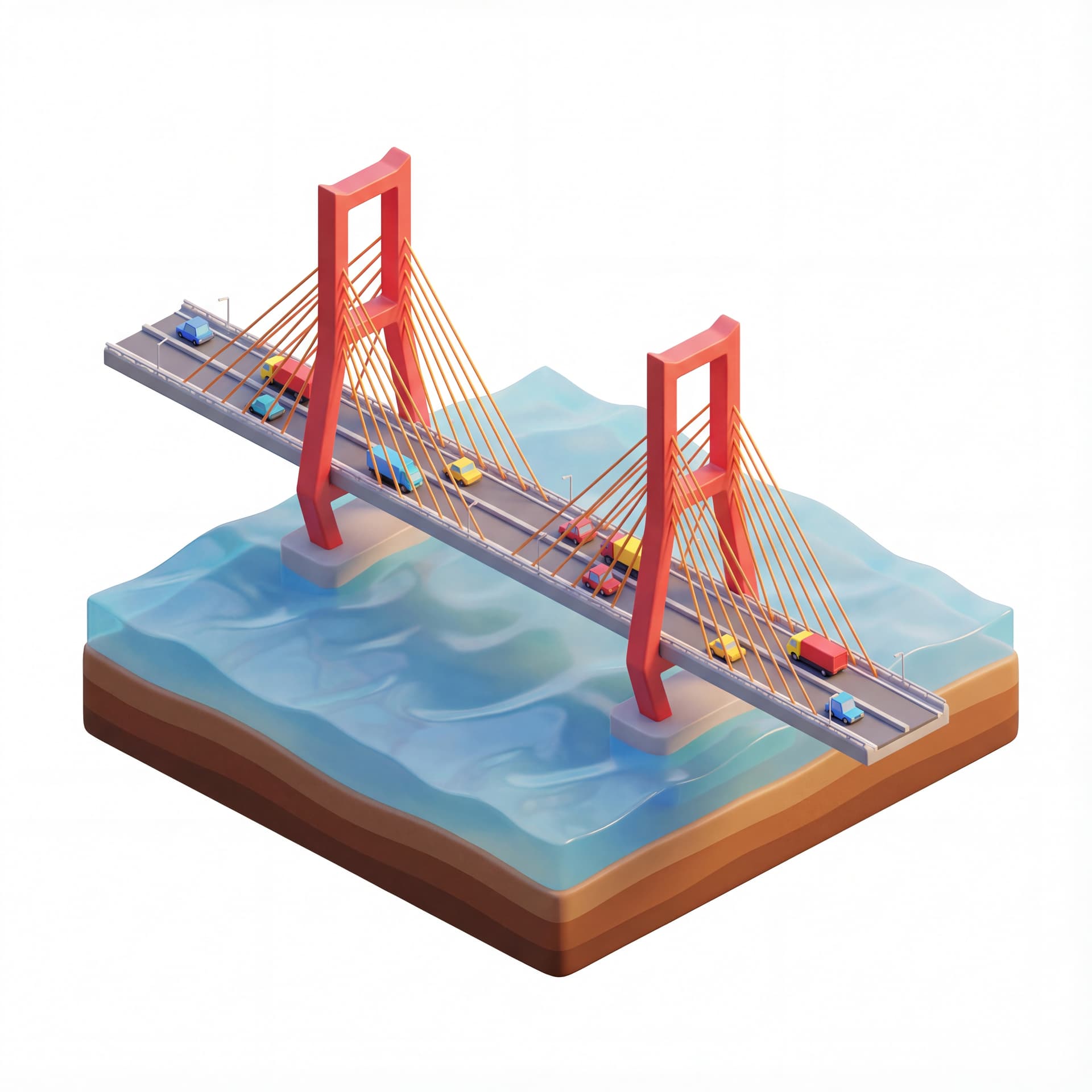 isometric 3D diorama of the Suramadu Bridge, long cable-stayed bridge with two iconic red towers, stylized 3D clean shapes, vibrant color accents, soft Pixar-like shading, smooth gradients, gentle rim light, simplified civil-engineering details, blue calm water surface below, miniature floating island base with layered soil + waves, small passing vehicles for scale, warm daylight ambience, global illumination, isometric angle 30°/30°, no photorealism, clean collectible diorama aesthetic.
