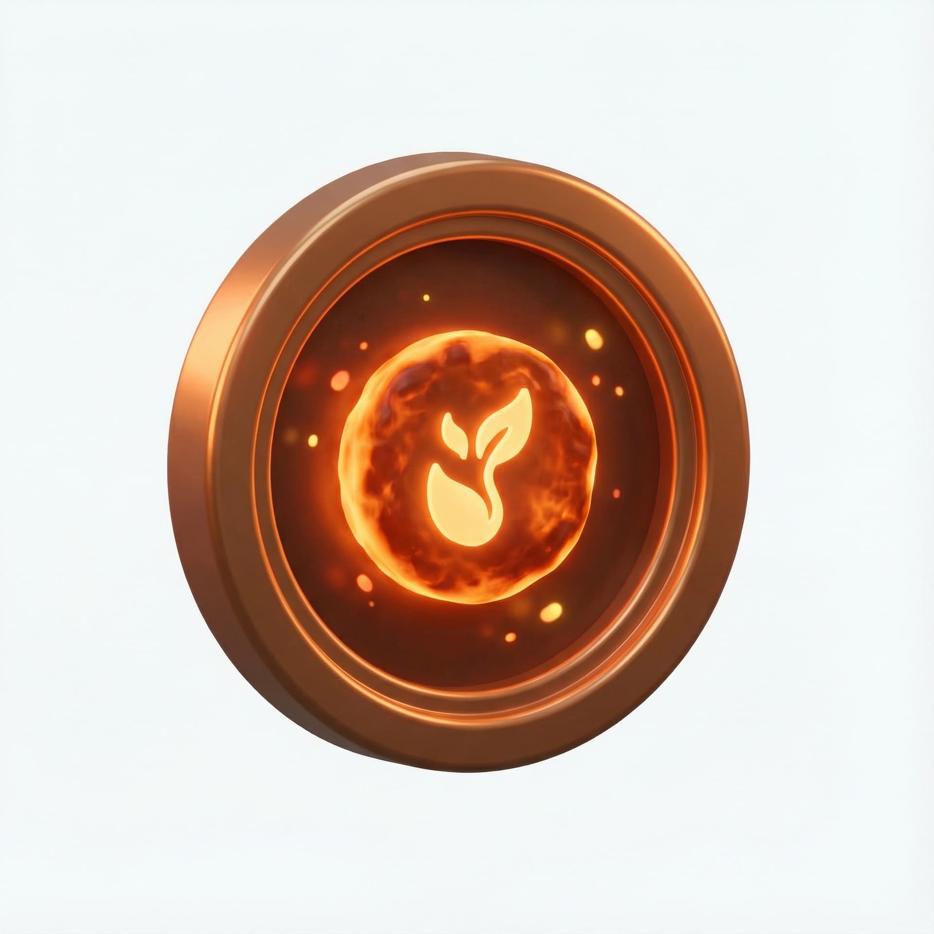 Create a 3D icon for the rank “Ember Initiate”. Circular badge, glowing orange ember core, soft sparks, warm lighting, glossy finish, minimalistic symbol of a small flame seed. Ultra-sharp 4K, transparent background, no text, professional and modern.